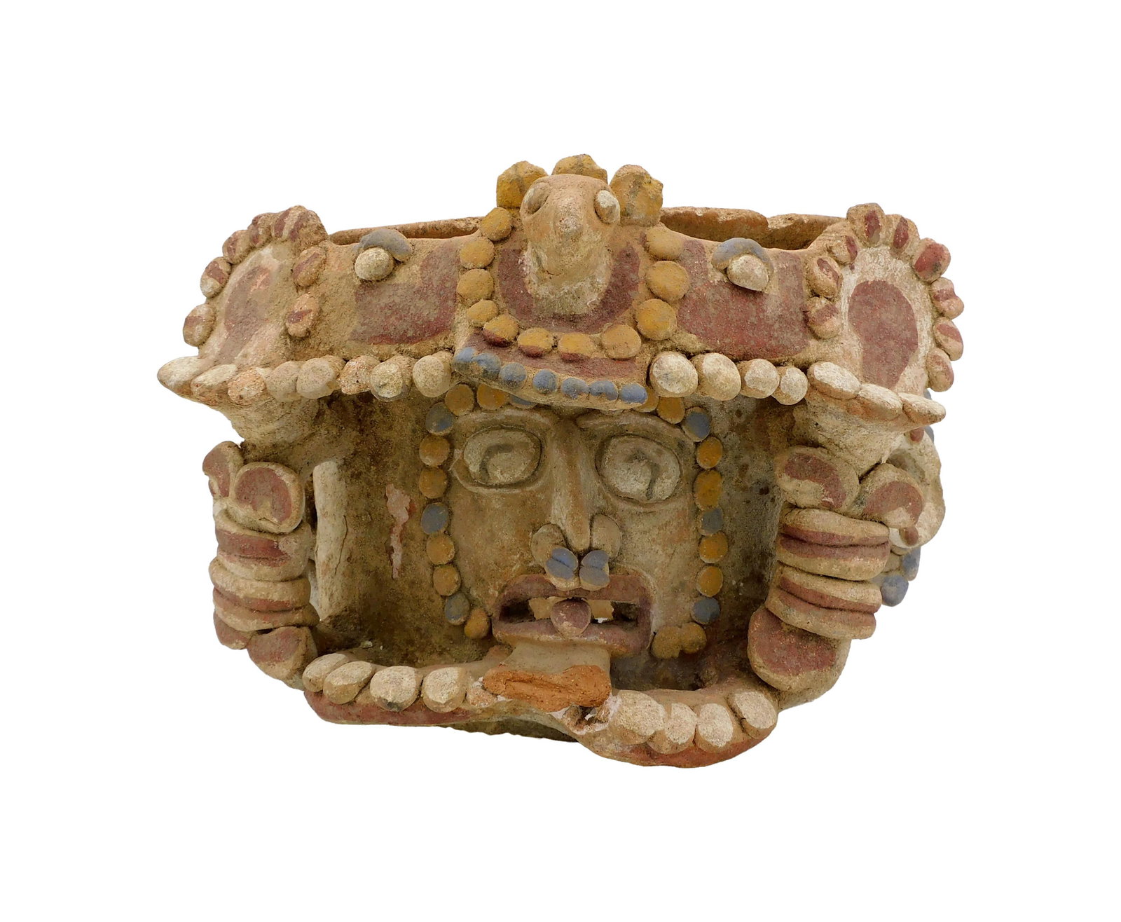 Zapotec Censer Base: Ca. 1500. Painted pottery with white lime wash. Animal and human high relief figures. 8.2 pounds. 7" high x 10 1/2" wide.As-is condition. Requires restoration. Several pieces are chipped off; some are