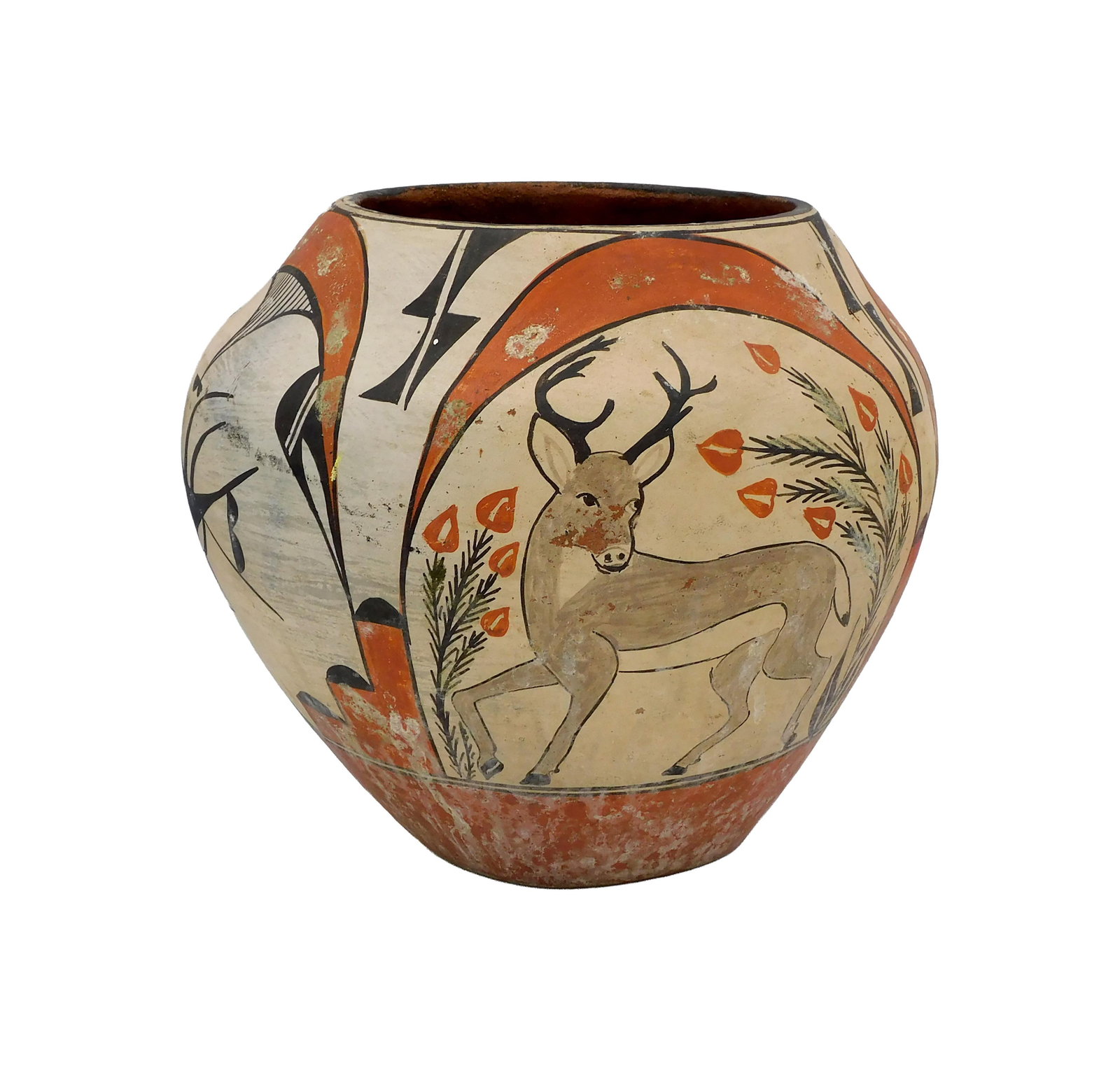 Zia Acoma Olla: Late 19th/Early 20th C. Polychrome bird, deer and geometric design. 8" high x 8 3/4" wide. Provenance: From the estate of Alfred J. Walker, legendary art dealer and collector. Founder of Walker-Cunnin
