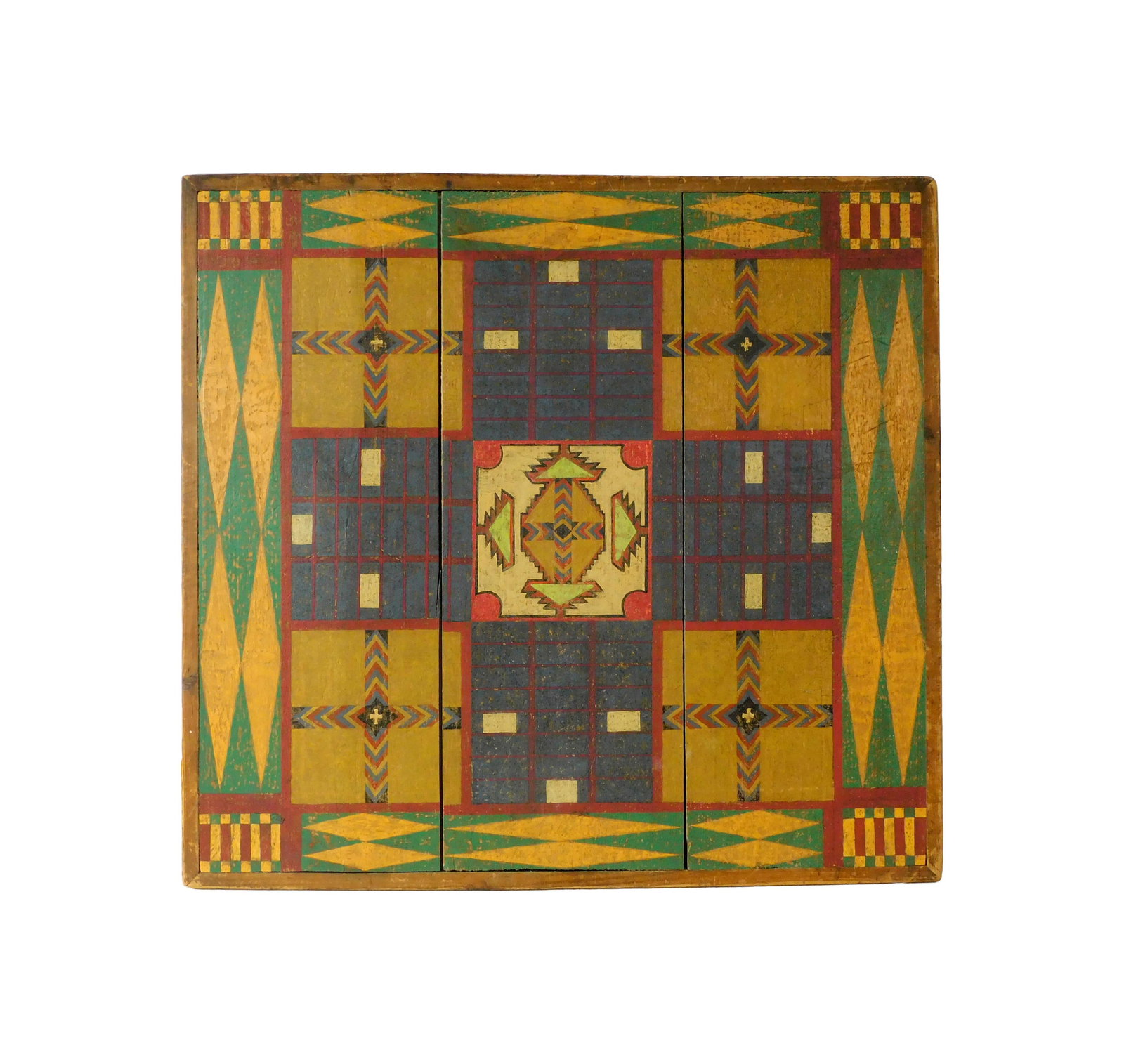 Painted Panels with Southwestern Design: Late 19th/Early 20th C. Three painted wooden panels attached in a primitive wooden frame displaying Native American geometric designs. Unsigned. Possibly an old parcheesi gameboard. 36" high x 38"