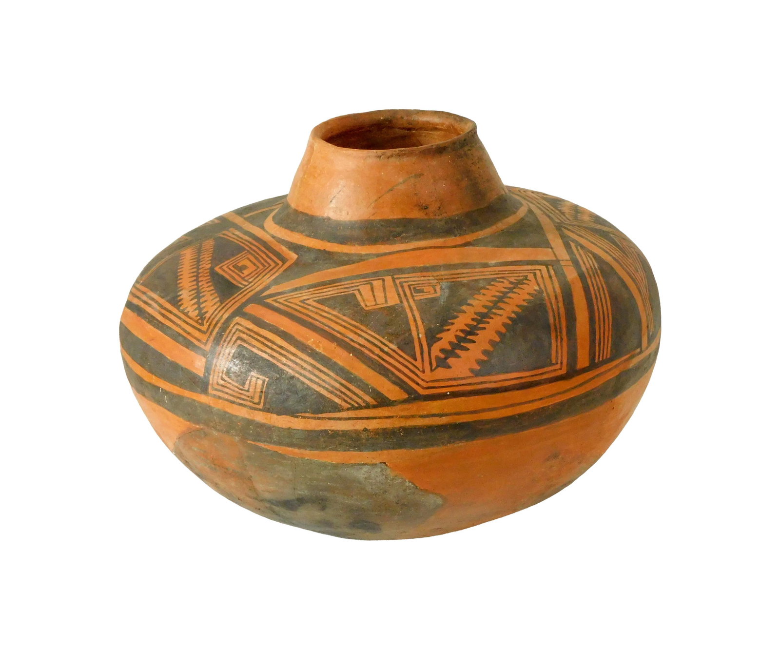 Pre-Columbian Pueblo Jar: Black on red overall geometric design. 10" high x 14" diameter. Provenance: From the estate of Alfred J. Walker, legendary art dealer and collector. Founder of Walker-Cunningham Fine Art. Sections of