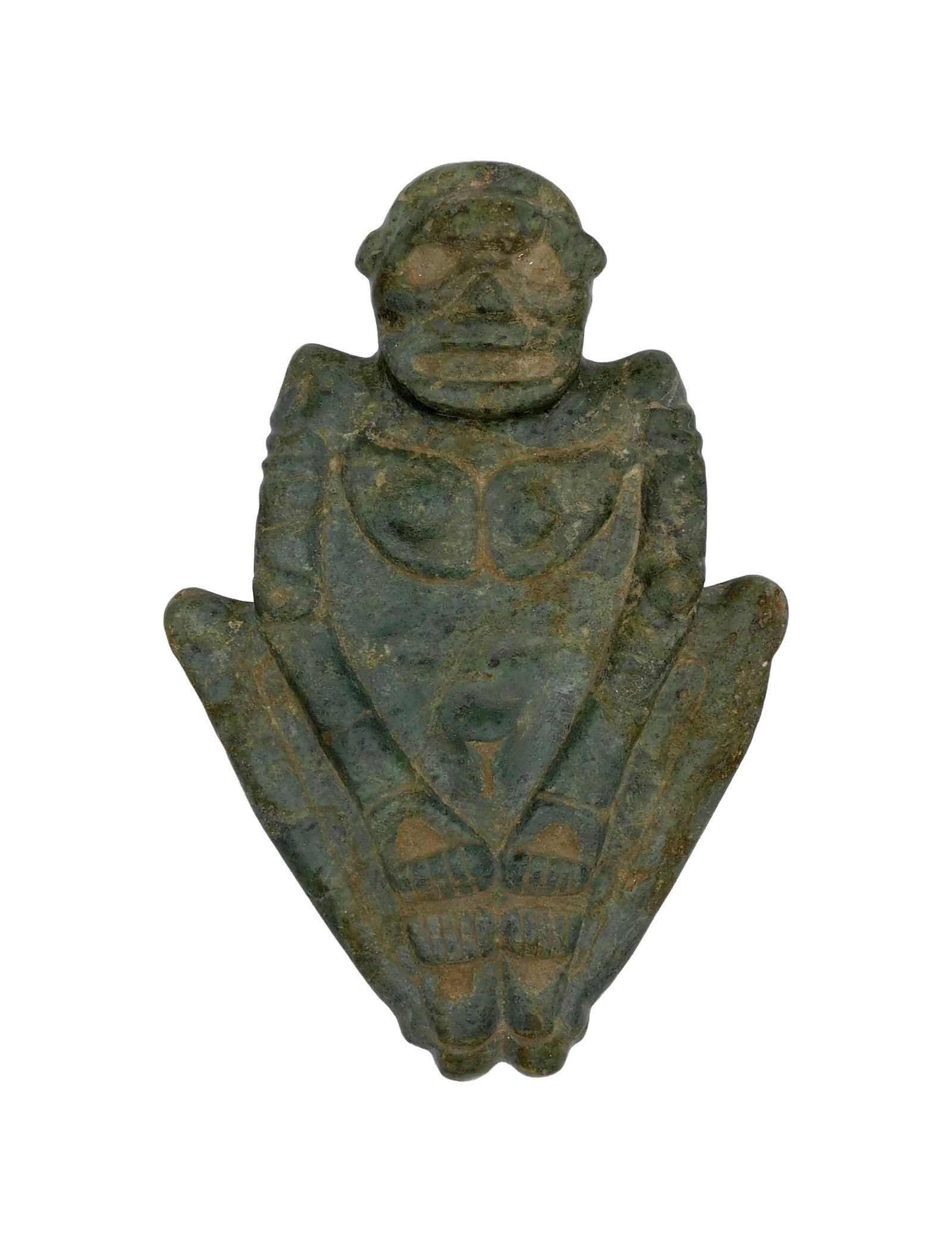 Taino Anthropic Full Figured Sculpture: Ca. 600-1500 AD. Dominican Republic. Made from a hard green stone. The female subject reaches for her feet, a bulging vagina a subtle notation of her fertility. The portrayal of breasts is unusual in