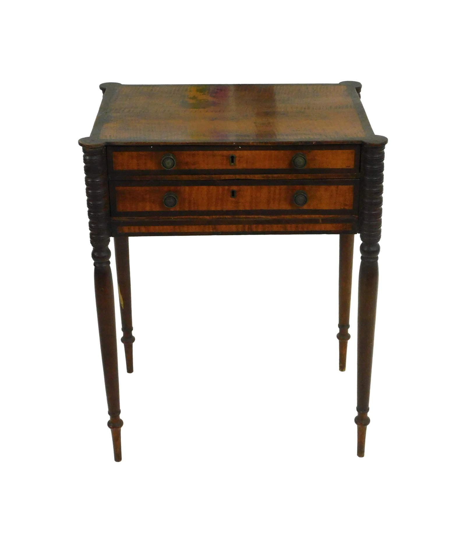 American Federal Work Table: Ca. 1790. Tiger maple and mahogany. Pine secondary wood. Cookie corner. Slender round tapered legs. Spiral carving on upper legs. Original brass hardware. 28" high x 22" wide x 15" deep. Provenance: F