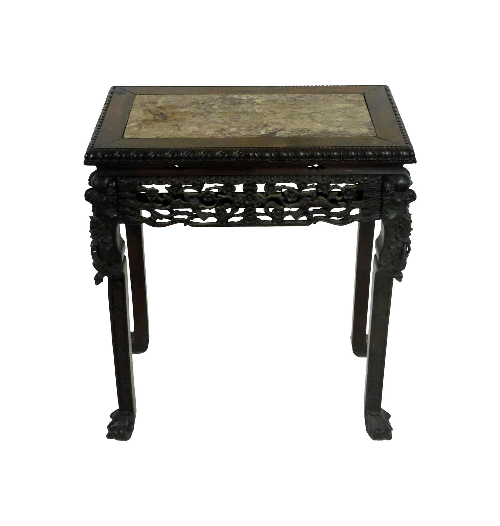 Chinese Rosewood Table: 19th C. Ornately carved skirt with birds and flowers. Animal feet. Rectangular top with inset pink marble. 32" high x 27 1/2" wide x 16 1/2" deep. Provenance: From the estate of Alfred J. Walker, lege