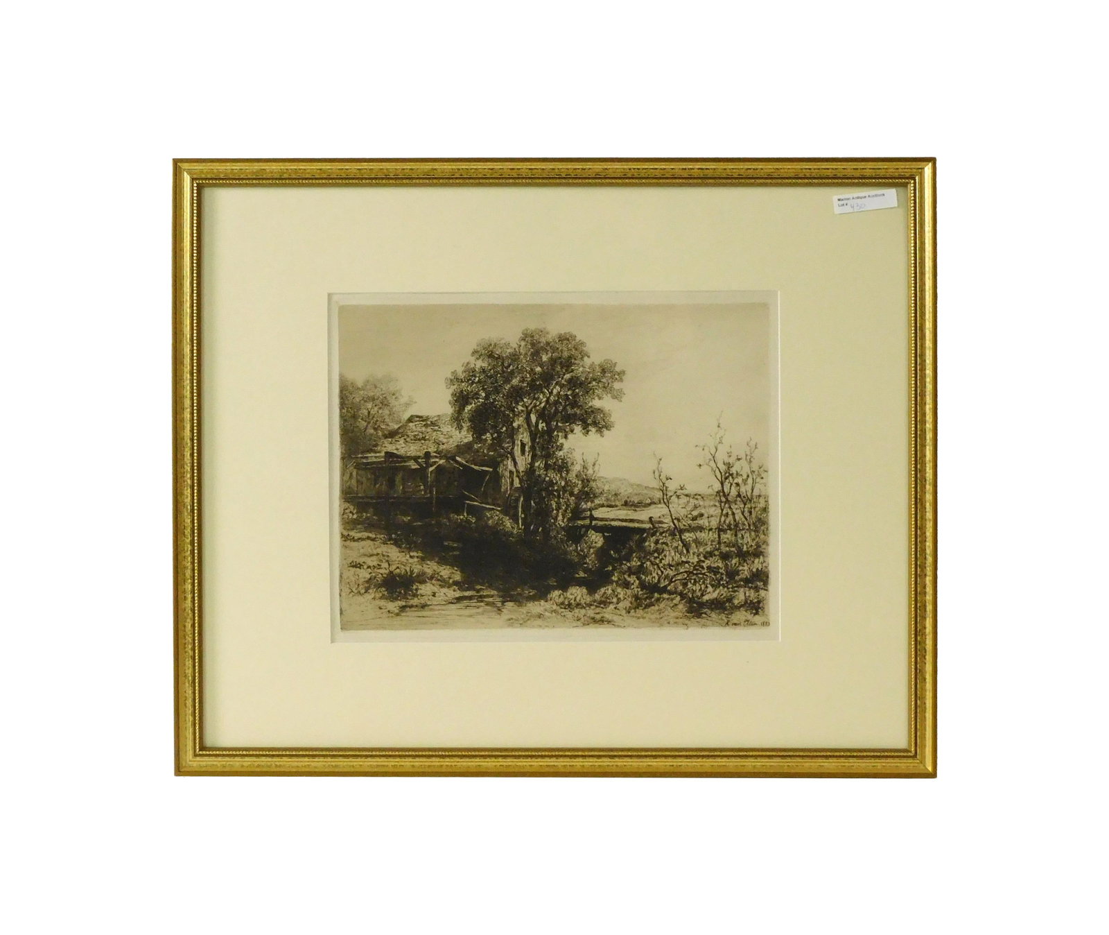 Hendrik Dirk Krauseman van Elten Etching: (Dutch/French, 1829-1904). Depicts a landscape with an old mill. Signed and dated 1883 lower right. Sight size: 9 3/4" high x 12 1/2" wide. In a modern gilded frame under glass measuring: 17" high x