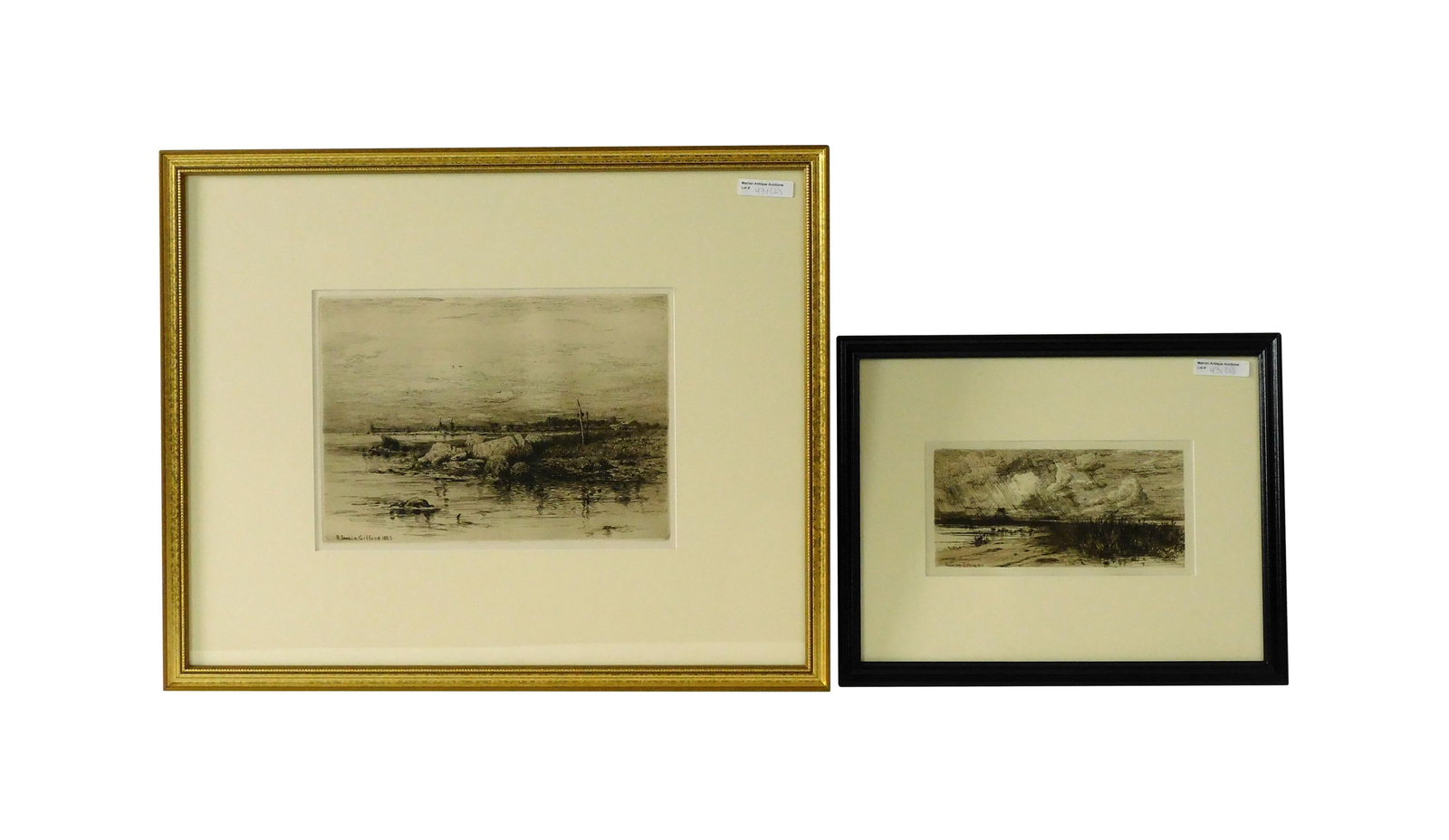 (2) R. Swain Gifford Etchings: (American/Massachusetts, 1840-1905). South Dartmouth artist. To include: (A) Titled: "Summer Storm". Signed lower left and dated 1879 in plate. Sight size: 4 1/4" high x 8 1/2" wide. In a modern