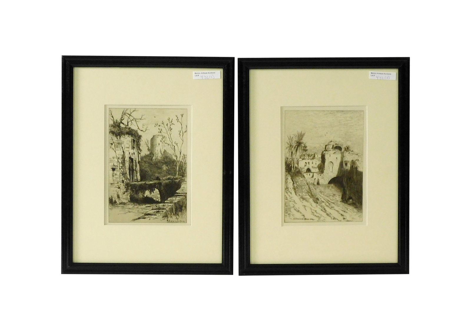 (2) R. Swain Gifford Etchings: (American/Massachusetts, 1840-1905). South Dartmouth artist. To include: (A) Titled: "Chateau of St. Castine". Signed lower right and dated '79 in plate. Sight size: 8" high x 5 1/2" wide. In a