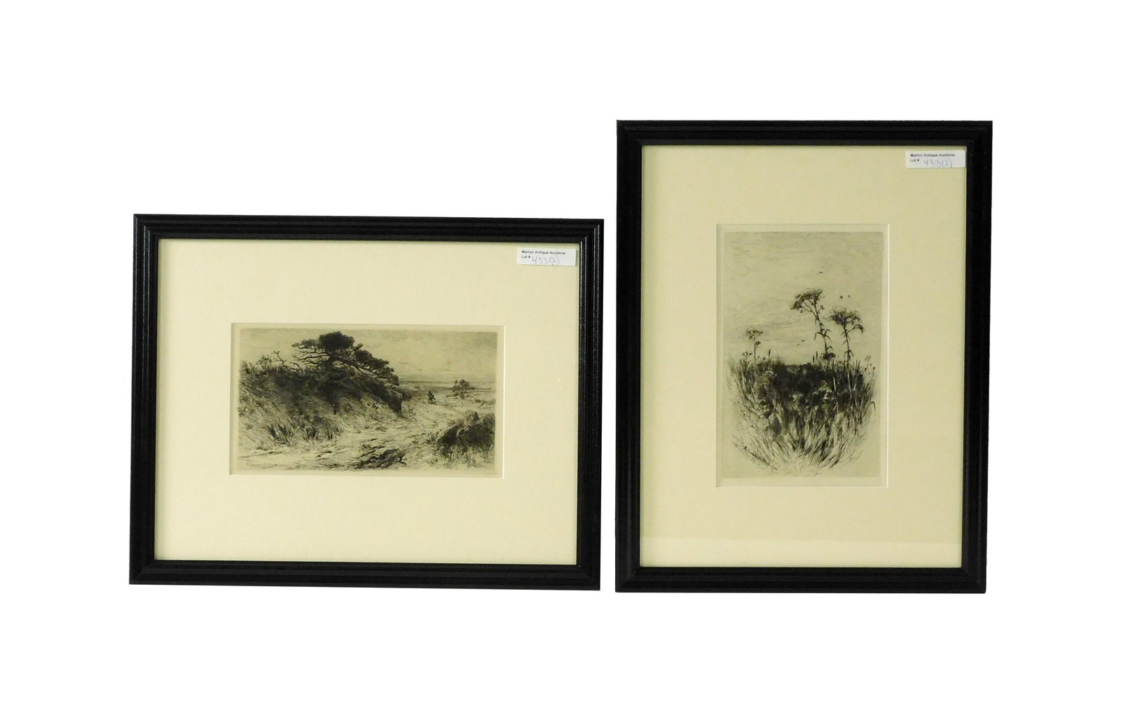 (2) R. Swain Gifford Etchings: (American/Massachusetts, 1840-1905). South Dartmouth artist. To include: (A) Titled: "The Path to the Shore". Signed lower left and dated '79 in plate. Sight size: 4 1/2" high x 8 1/4" wide. In a