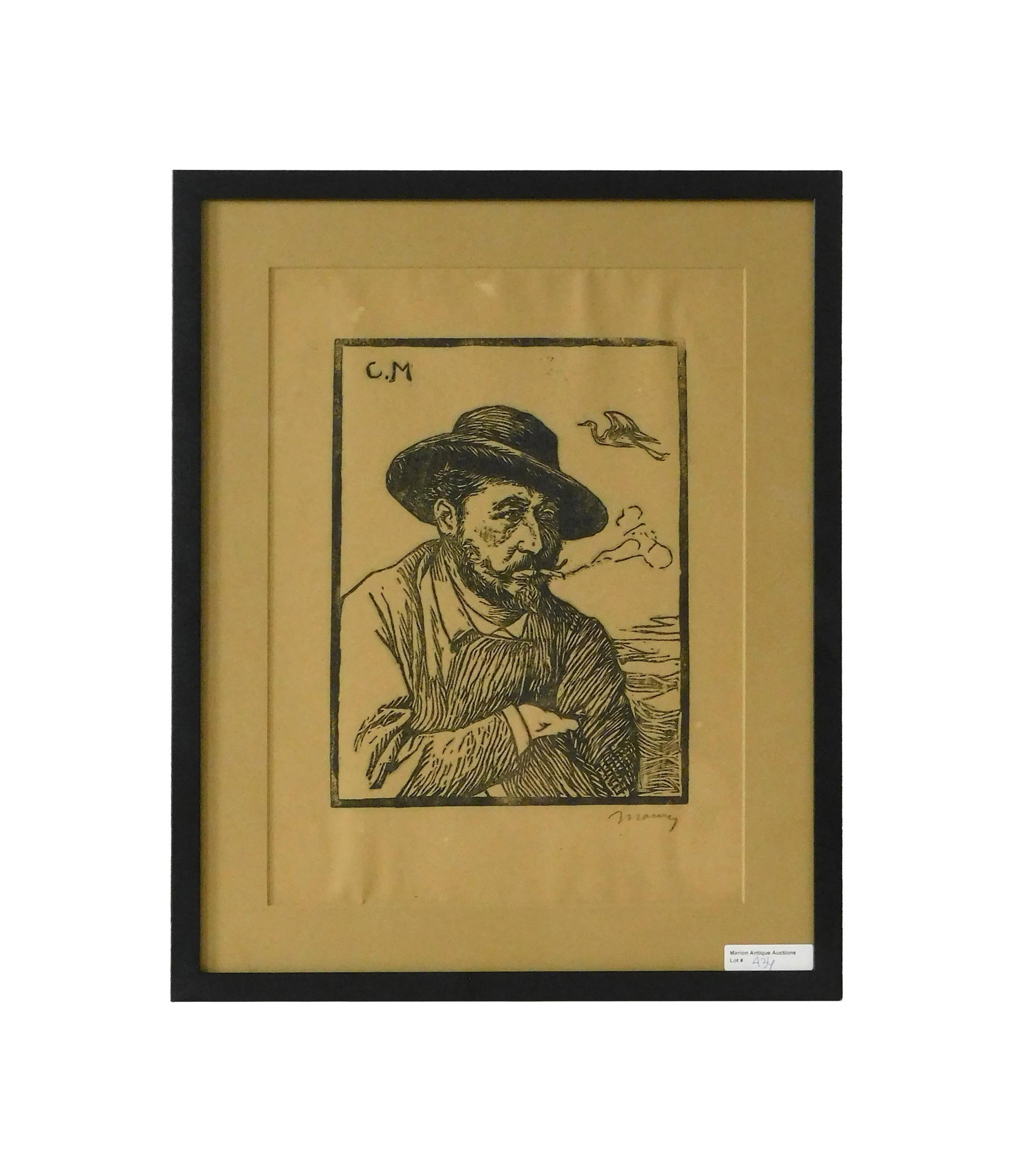 Charles Maurin Woodblock Print: (French, 1856-1914). Depicts a man smoking a cigarette. Signed in pencil lower right. Signed with initials upper left in the plate. Sight size: 12 1/2" high x 9 1/2" wide. In a plain wooden frame