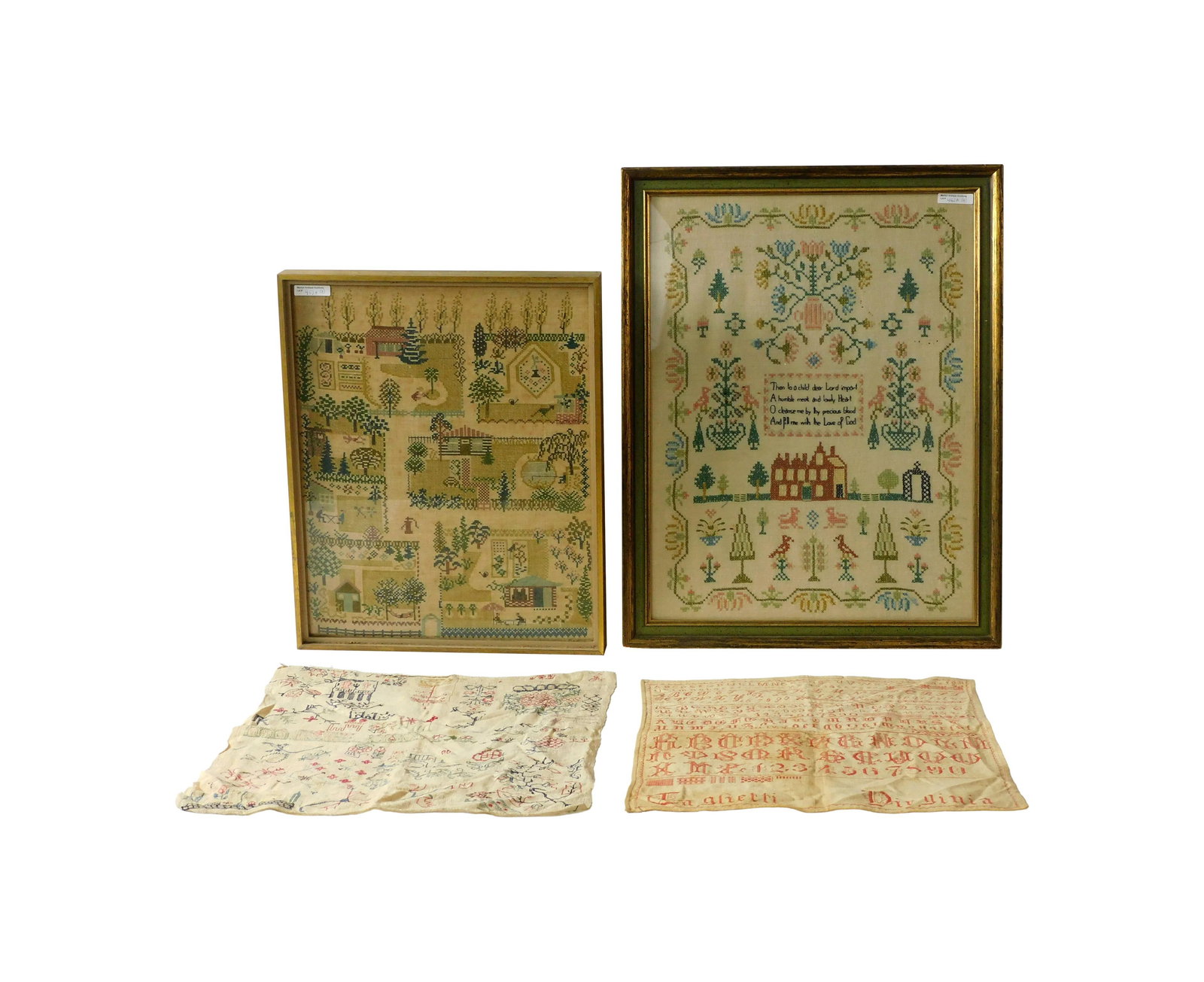 (4) Needlework Samplers: To include: (A) Early 20th C. Depicts a federal house and religious verse. 21" high x 16 " wide. In a modern gilded frame under glass measuring: 24" high x 19" wide. (B) Early 20th C. Depicts people s