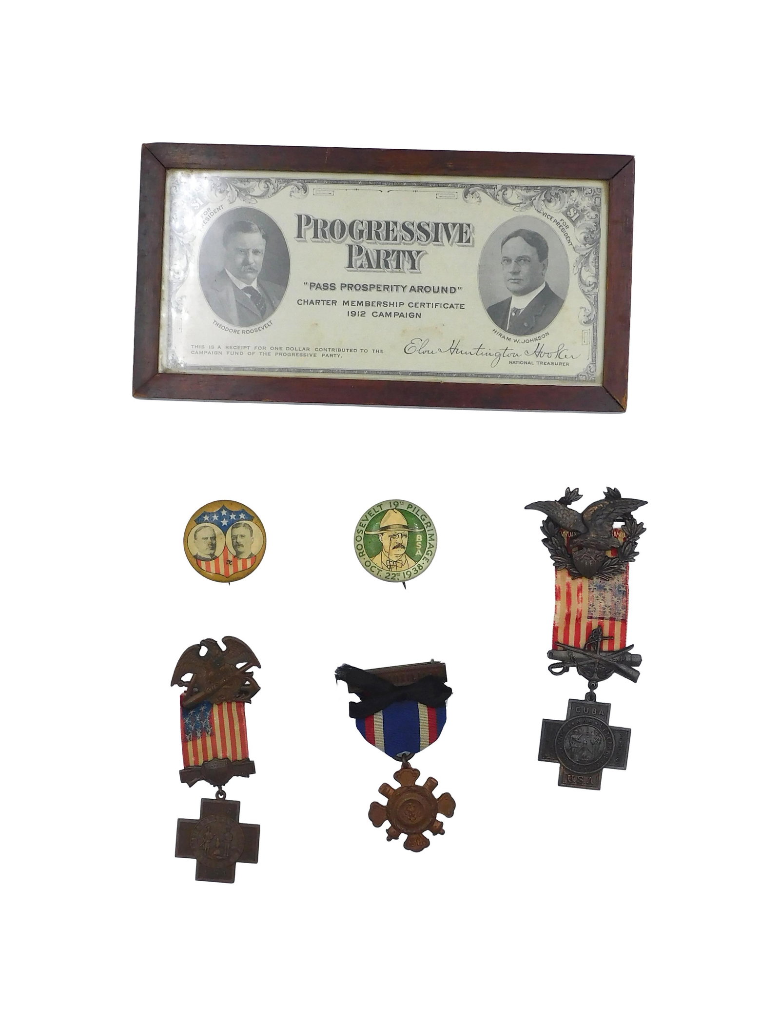 (6) Theodore Roosevelt Political Memorabilia Items: To include: (A) Jugate pinback button featuring William McKinley and Theodore Roosevelt's 1900 Republican presidential campaign. Features their photos with a red, white, and blue American flag motif.