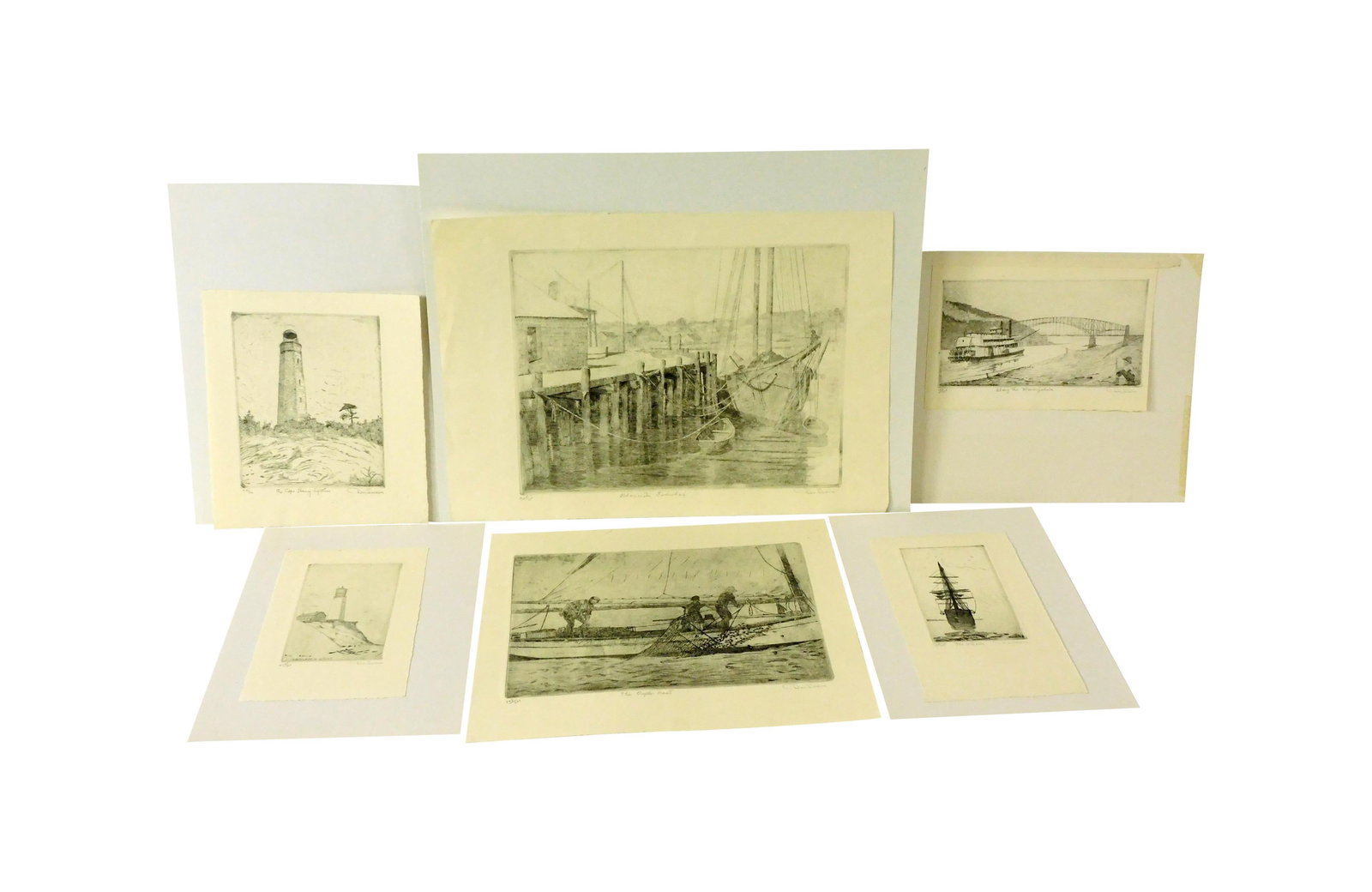 (6) Don Swann Nautical Etchings: (American/Maryland, 1889-1954). To include: (A) "Along the Monongahela River". Signed in pencil lower right. Number 190 of 300. Sight size: 4 1/2" high x 9" wide. Sheet size: 6 1/2" x 9 1/2" wide. 
