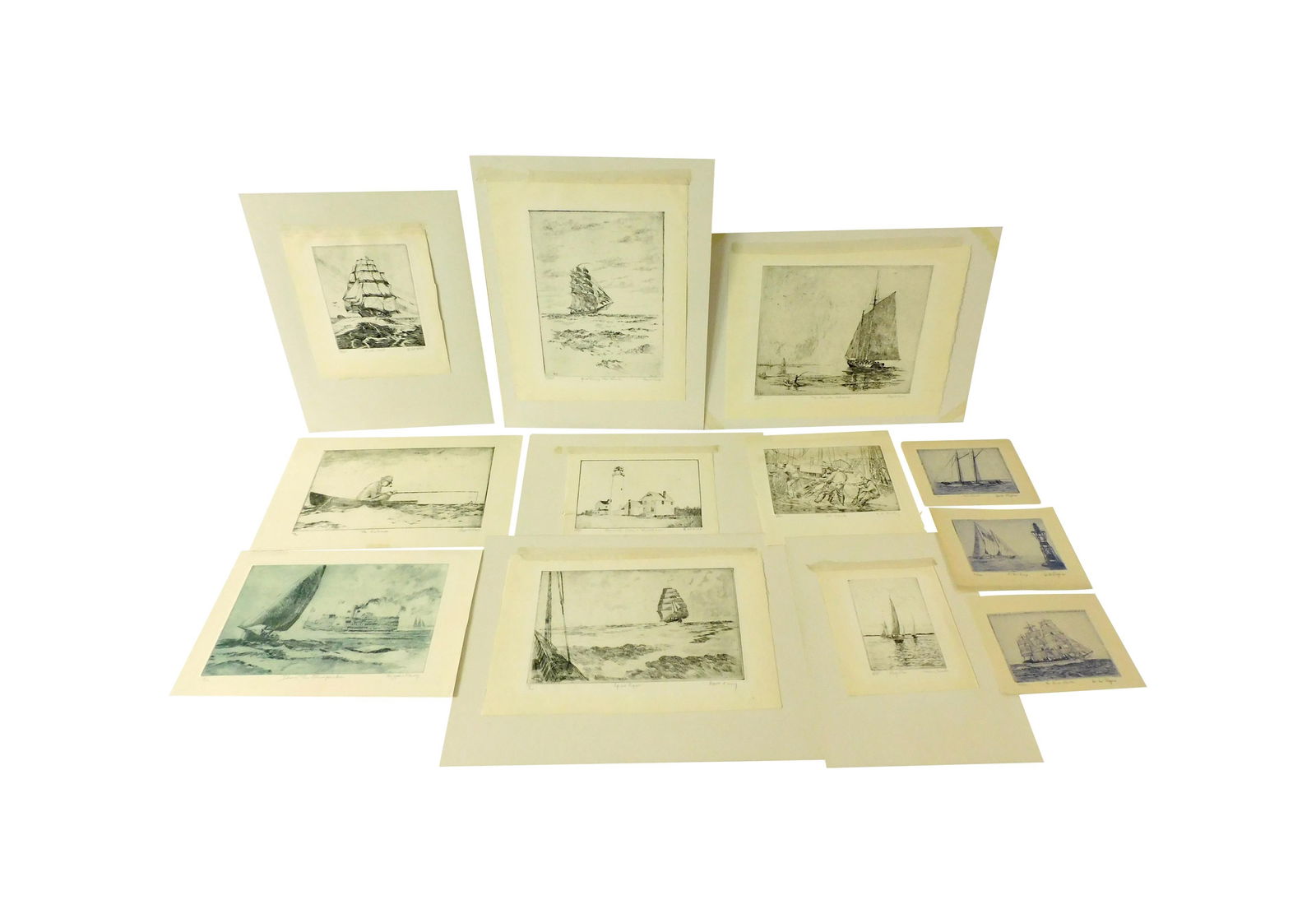 (12) Assorted Nautical Themed Etchings: Multiple artists. Five pieces by Hopper Emory (American/Maryland, 1881-?). To include: (A) "The LUMBER Schooner". Signed in pencil lower right. Number 109 of 300. Sight 8" x 9" Sheet 10 1/4" x 12 3/4"