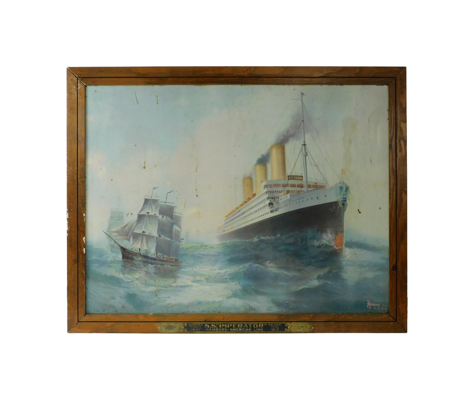 Tin Lithograph of SS IMPERATOR: After Bishop. 1911. IMPERATOR was on the Hamburg-American Line. It was one of the largest ships in the world at 50,000 tons, 919 feet with 92 foot beam and 62 foot depth. Sight size: 29" high x 38 3/4