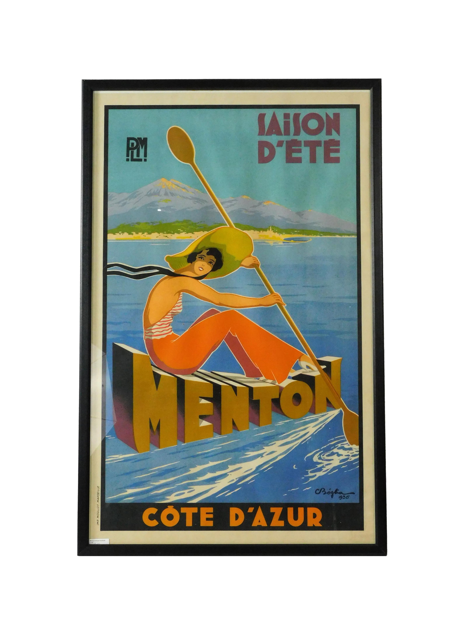 Saison D'Ete Menton Cote D'Azur Poster: Charles Beglia (French, 1887-1963). Lithograph poster. Ca. 1935. Art Deco design featuring a woman kayaking along the Menton coastline. Issued by the Paris-Lyon-M?diterran?e (PLM) Railway and printed