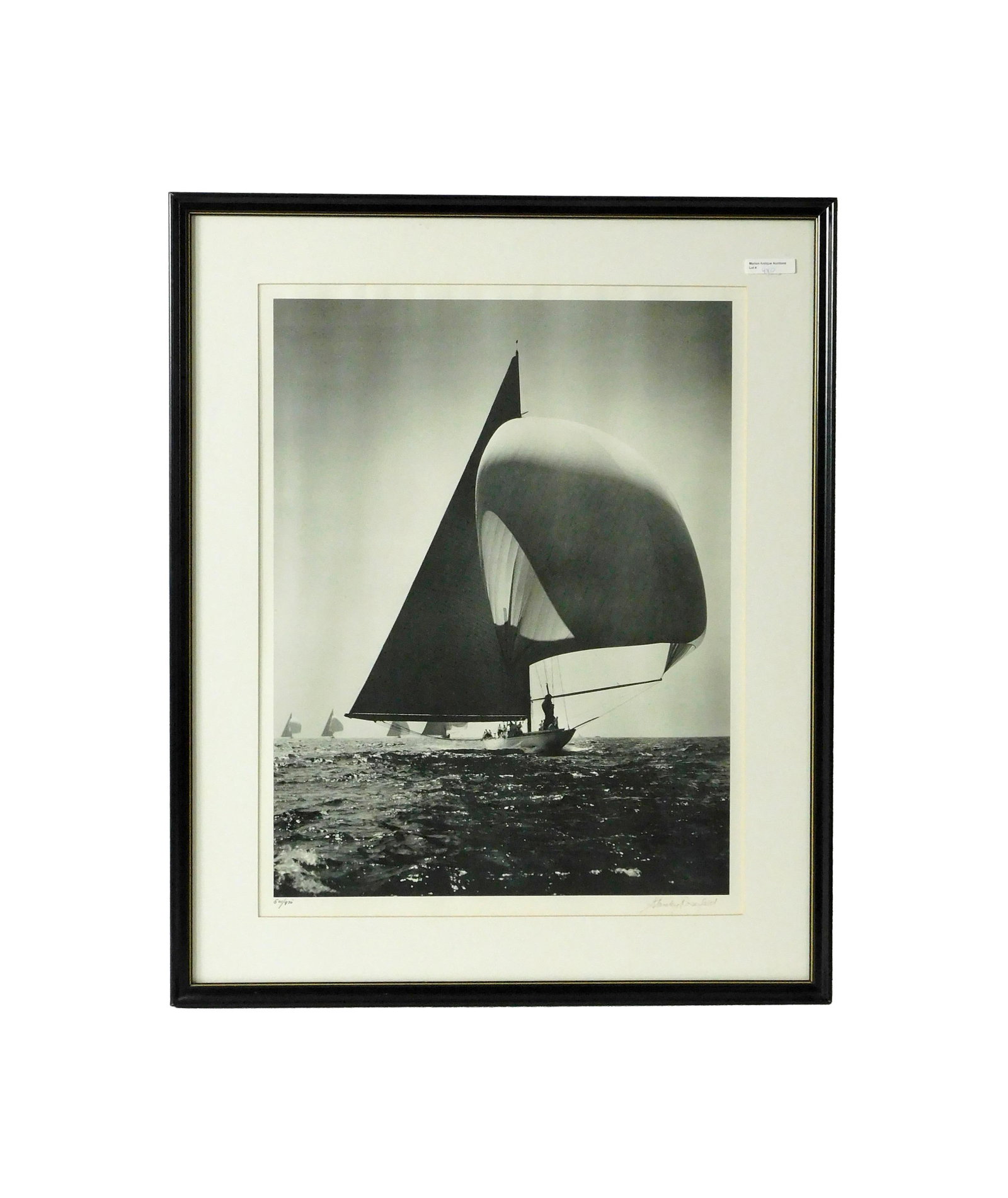 Stanley Rosenfeld Black and White Photograph: (American, 1913-2002). "Ranger off the Wind". Signed lower right. Number 501/975 lower left. Sight size: 22" high x 17" wide. In a modern black lacquer frame under glass measuring: 28" high x 23" wide