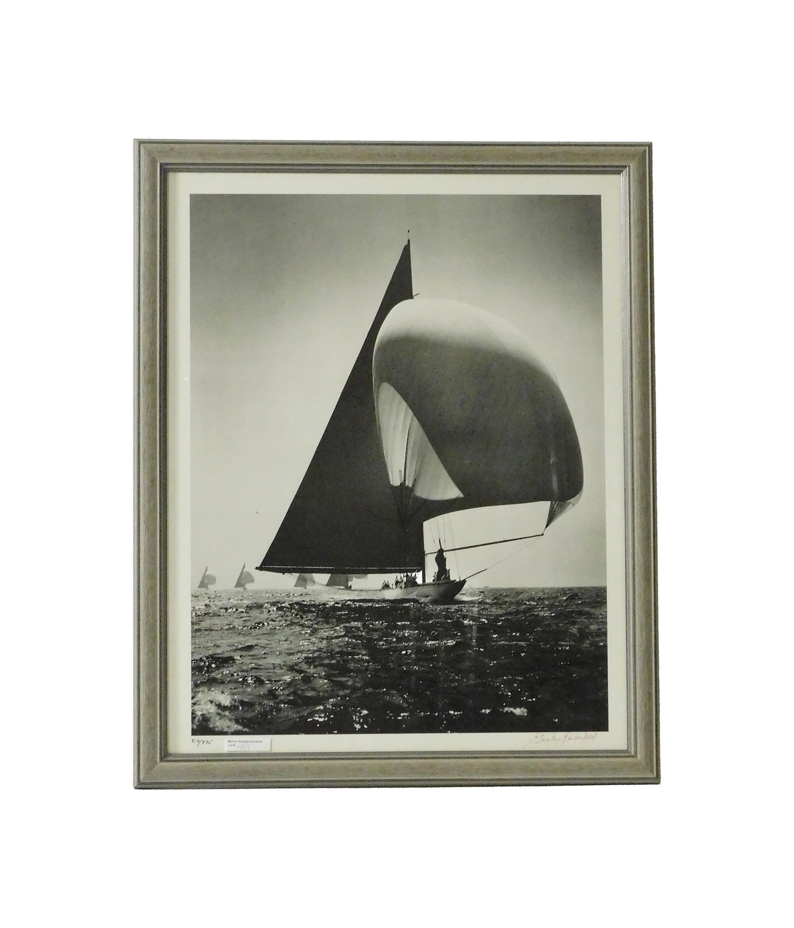 Stanley Rosenfeld Black and White Photograph: (American, 1913-2002). "Ranger off the Wind". Signed lower right. Number 454/975 lower left. Sight size: 22 1/4" high x 17 1/2" wide. In a wooden driftwood frame measuring: 25" high x 20 1/4" wide. UV