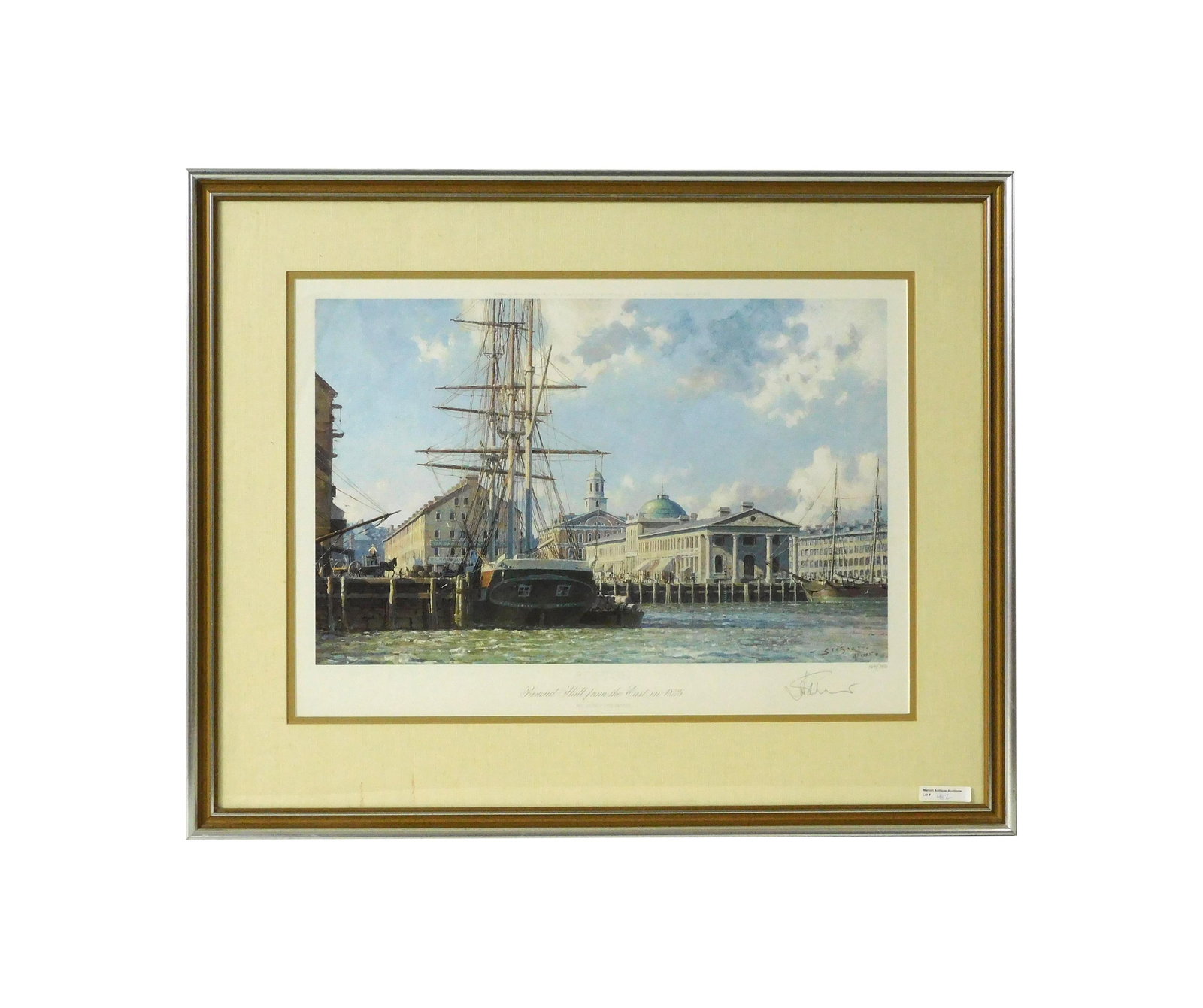 John Stobart Colored Lithograph: (American/Massachusetts/Florida, 1929-2023). Titled: "Boston Faneuil Hall From the East in 1825". Signed in pencil lower right. Number 164/750. Signed in plate and dated 1985. Sight size: 14 1/2" high