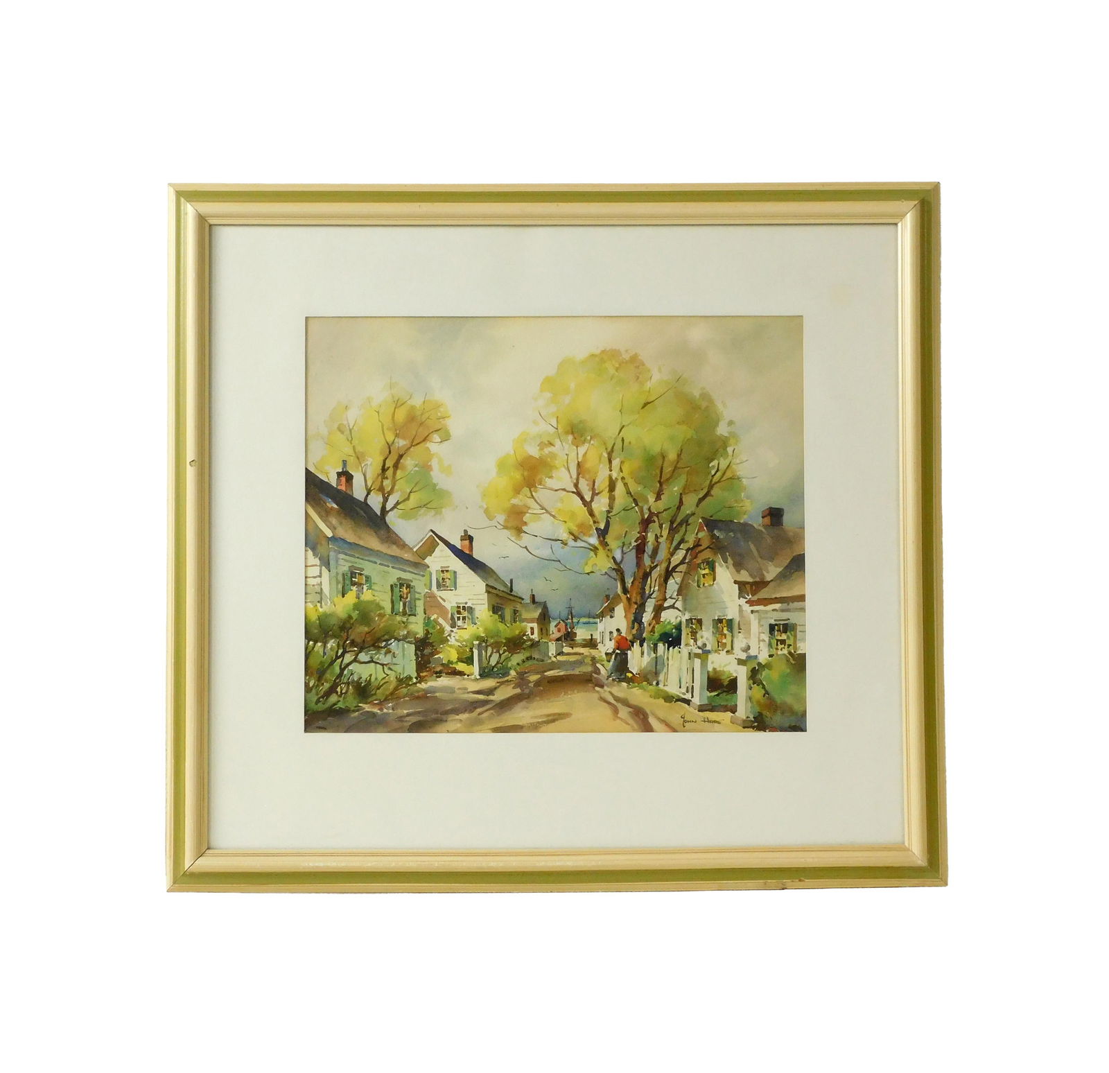 John Cuthbert Hare Painting: (American/Massachusetts/Florida, 1908-1978). Watercolor. A seaside village street. Possibly Provincetown, Massachusetts. Sight size: 14 1/4" high x 17" wide. In a light colored wooden frame under