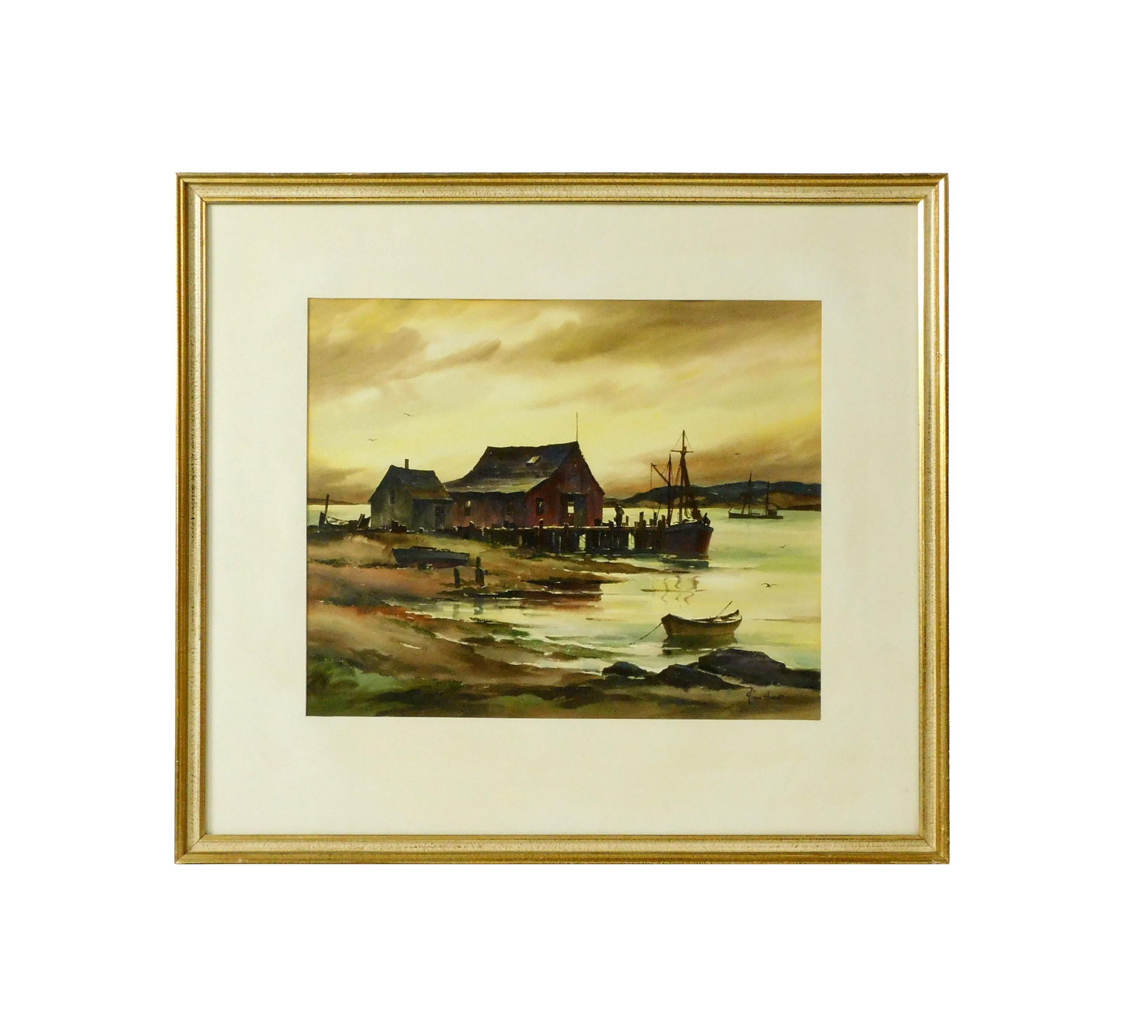 John Cuthbert Hare Painting: (American/Massachusetts/Florida, 1908-1978). Watercolor. Titled: "Harbor at Dusk". Signed lower right. Sight size: 14" high x 17" wide. In a gilded frame under glass measuring: 23 1/2" high x 26" wide