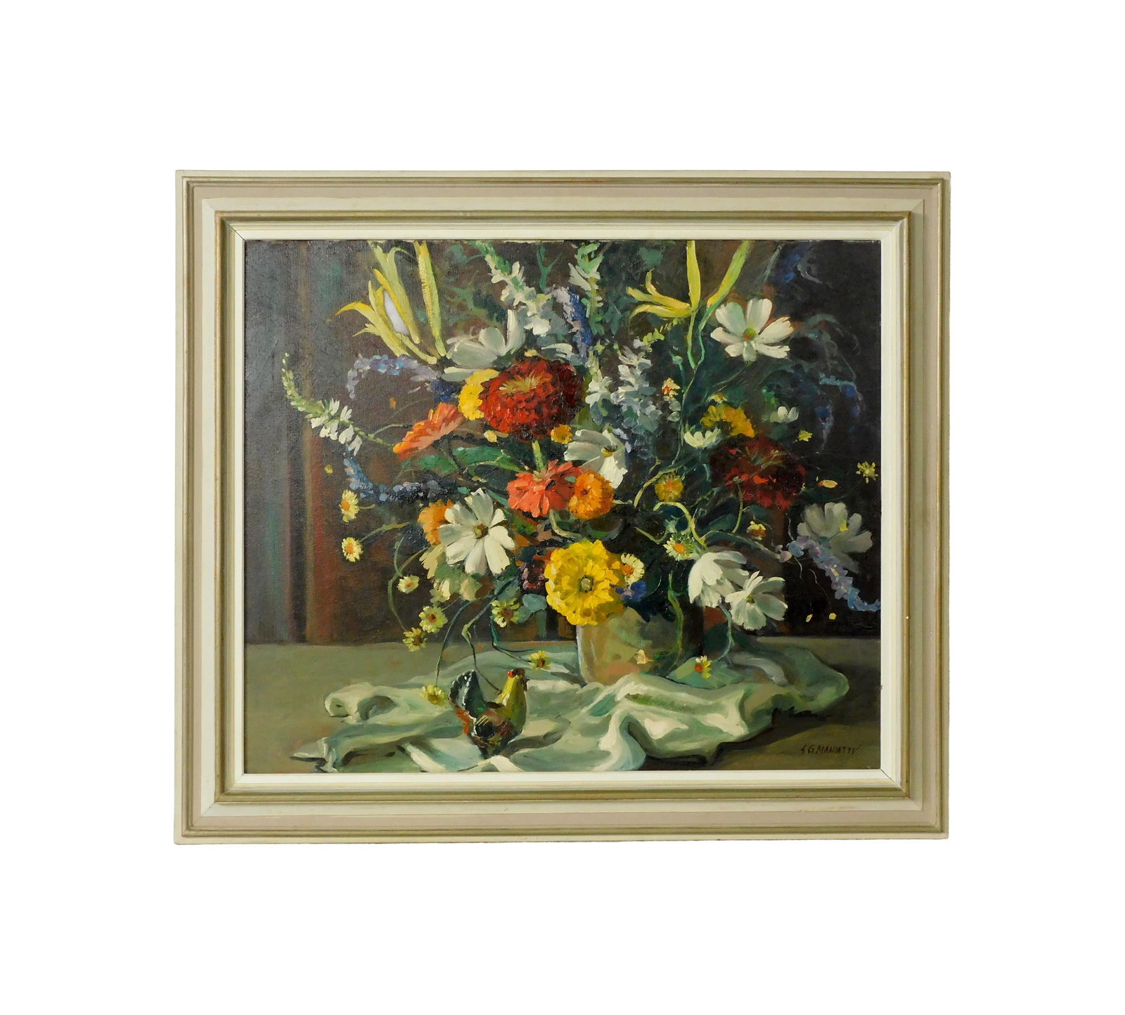 Stephen Maniatty Painting: (American, 1910-1984). Oil on canvas. Still life. Signed lower right. Sight size: 24 1/2" high x 29 1/2" wide. In a light colored wooden frame measuring: 31 1/4" high x 36" wide.Good condition. 