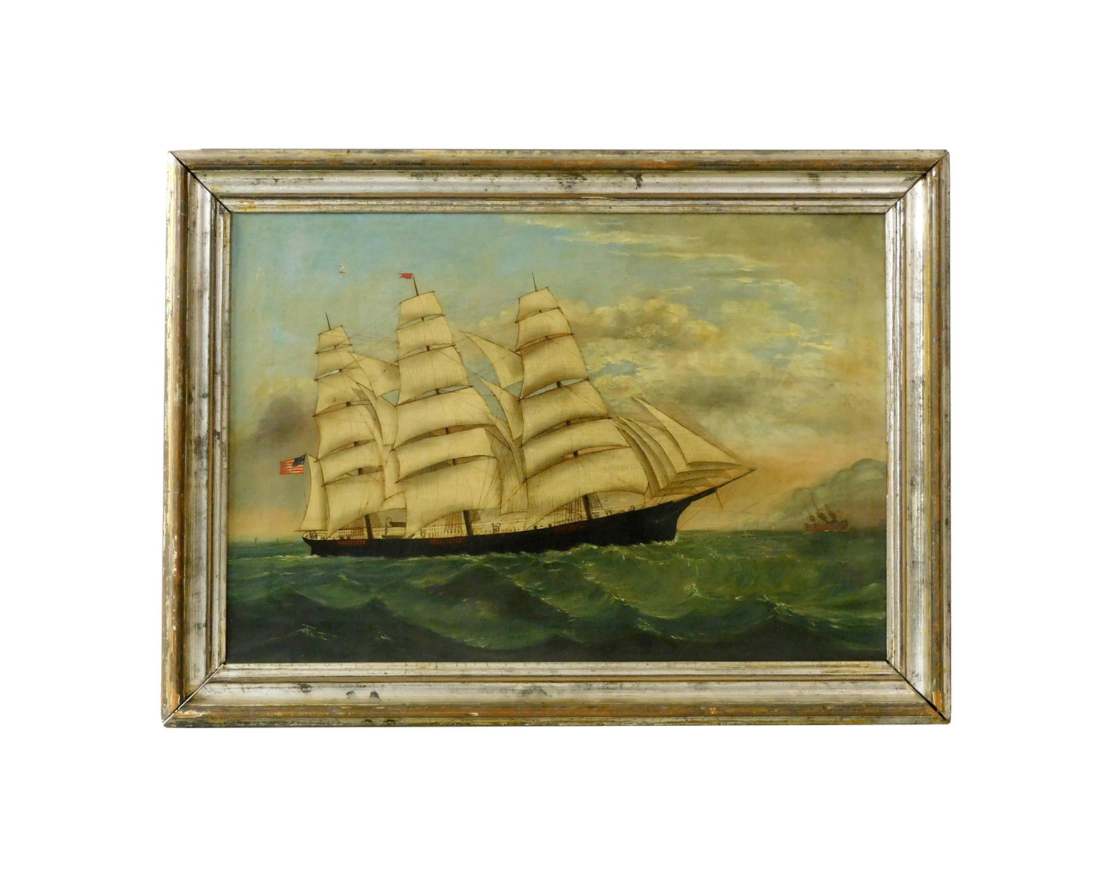 Maritime Painting: Late 19th C. Oil on canvas. Marine painting depicting a three-masted square-rigged sailing vessel underway in choppy seas. Shows figures on the deck. A steamship is visible in the distance. Unsigned.