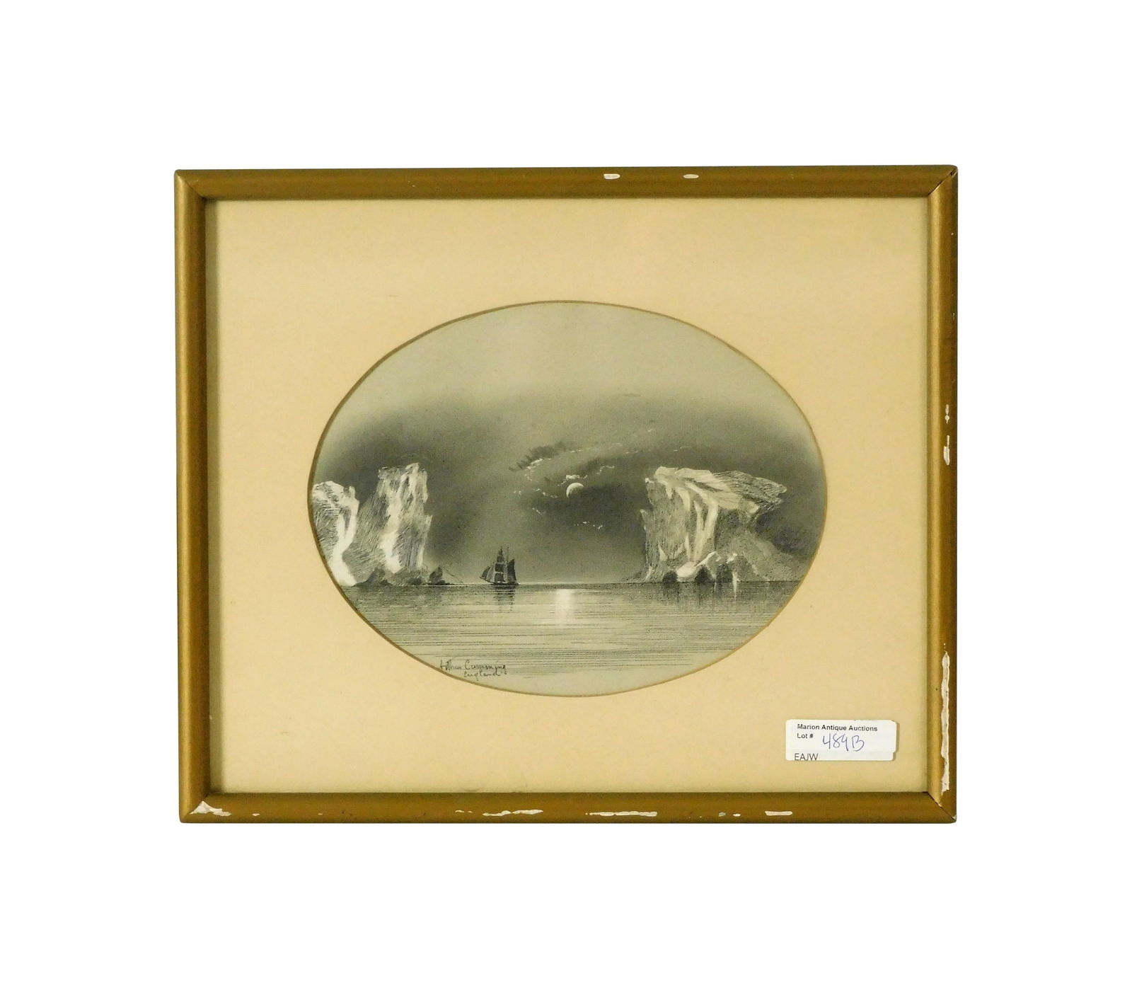 Arthur Cumming Painting: (American/Massachusetts, 1847-1913). New Bedford artist. Mixed media drawing. Titled: "England". Depicts a three-masted ship sailing around icebergs with a moonlit sky. Signed lower left. Sight size: