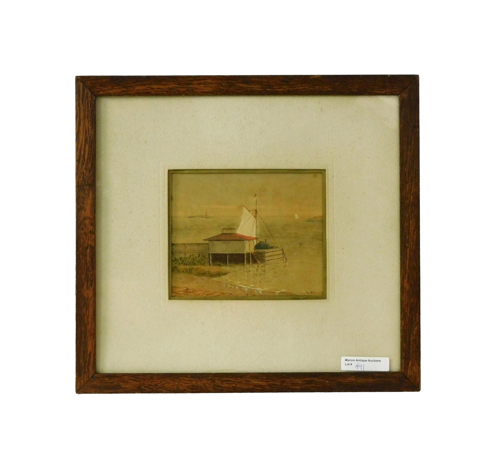 Leroy Yale Painting: (American/Massachusetts, 1841-1906). Watercolor. Depicting sailboat at dock with boathouse and a lighthouse in the distance. Possibly New Bedford, Massachusetts. Signed lower right L.M. Yale '61. Sigh