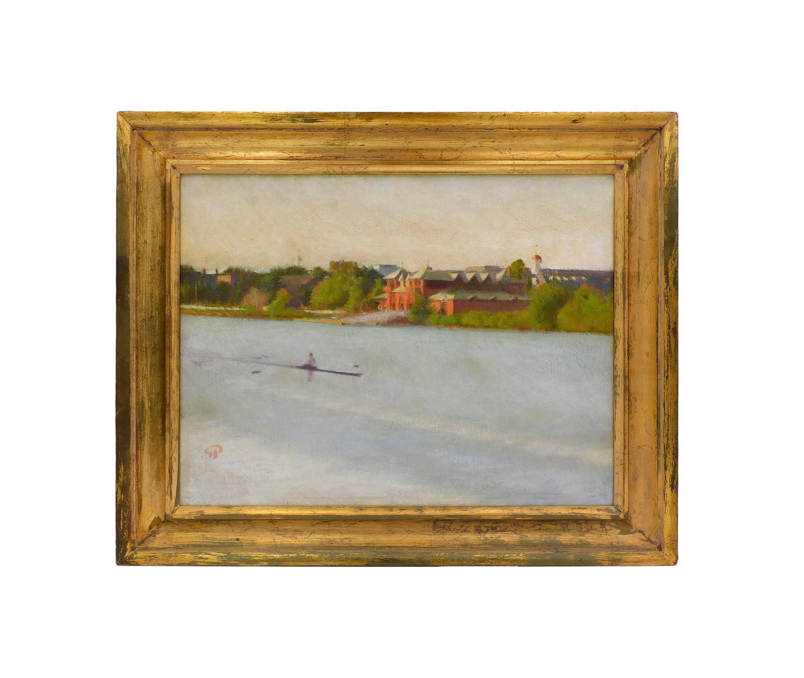 Paul Ingbretson Painting: (American, b. 1949). Oil on board. Depicting a single sculler on the Charles River in Boston. Signed with monogram lower left, and signed on the verso. Sight size: 10" high x 14" wide. In a