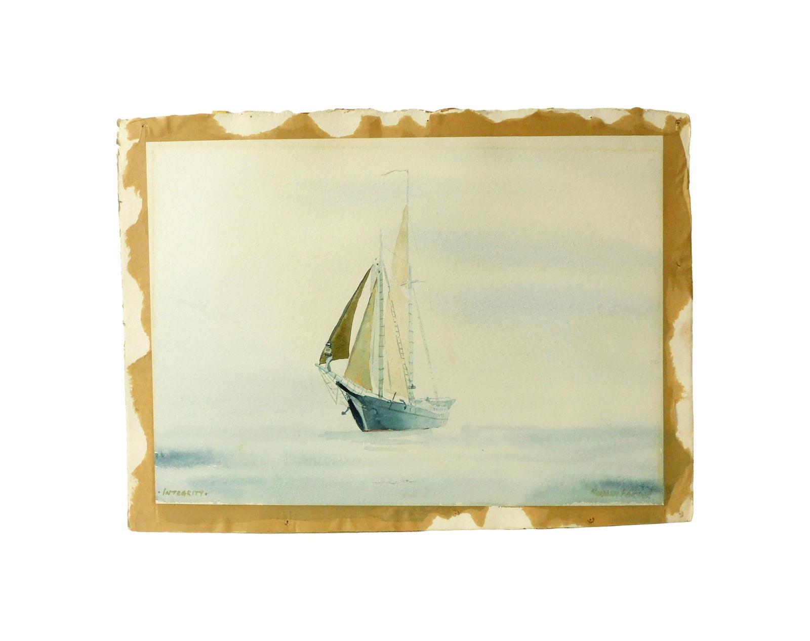 Norman Fortier Painting: (American/Massachusetts, 1919-2010). Watercolor depicting THE INTEGRITY built by Waldo Holland, in Dartmouth, Massachusetts in 1964. Signed lower right. Sight size: 20" high x 28" wide. Unframed but