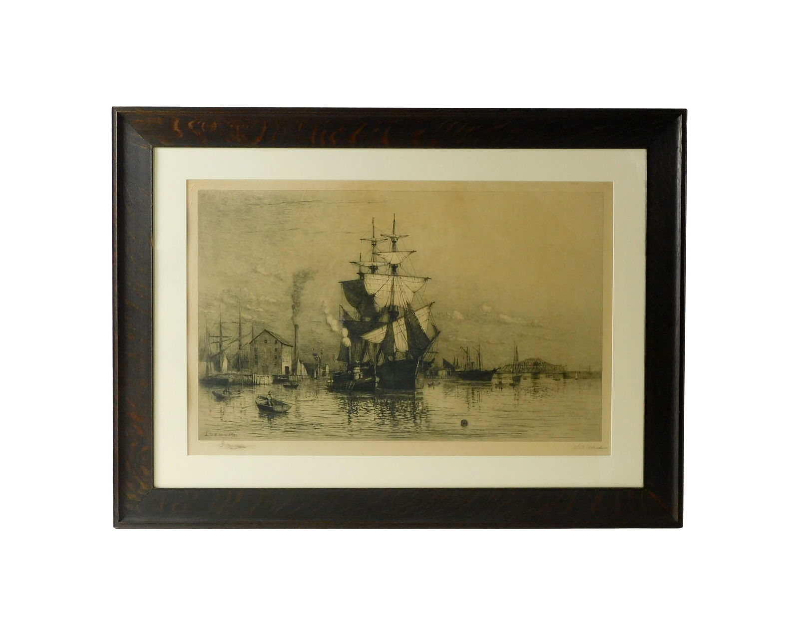Lemuel D. Eldred Etching: (American/Massachusetts, 1848-1921). Depicts whaleships in New Bedford harbor with a tugboat and Fairhaven drawbridge in the distance. Signed lower right in pencil. Signed lower left in the plate and
