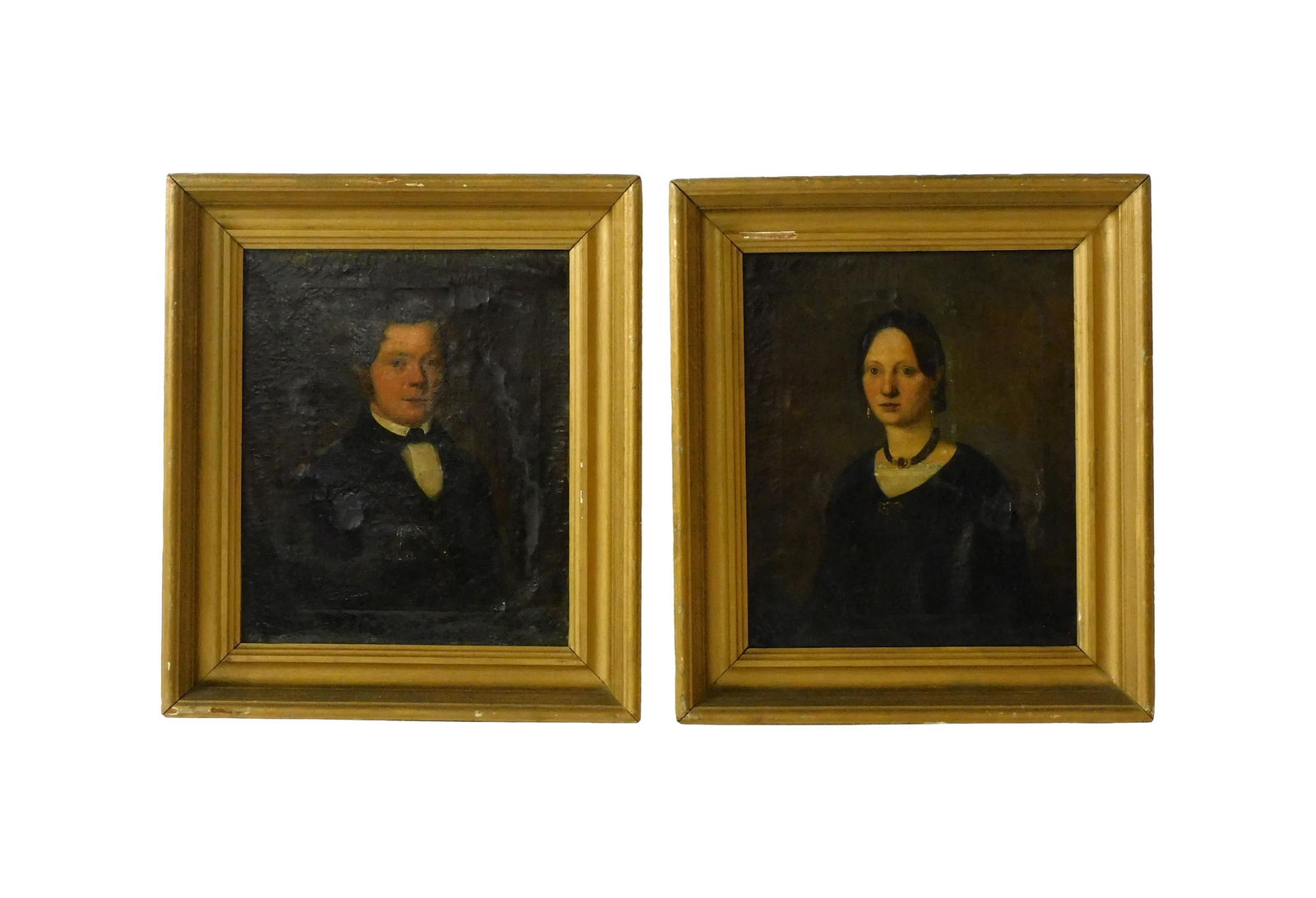 Pair of Portraits: Mid-19th C. Oil on canvas. Portraits of John Curn and his wife, Johanna Curn. Sight size: 13 1/4" high x 11" wide. In a period gold frame measuring: 18" high x 16" wide. Provenance: Property