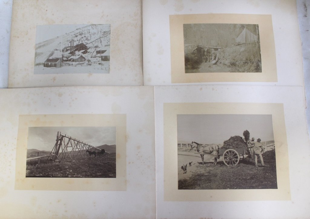 FOUR LATE 19TH C MOUNTED PHOTOS: PROBABLY MONTANA; ONE SHOWING A MINING TOWN; ONE SHOWING THREE GOLD MINORS PANNING FOR GOLD; ONE SHOWING HORSE AND CARRIAGE; ONE SHOWING TWO MEN HAYING; FOXING; RANGING FROM 6 3/4"X 4 1/2" TO 8" X 6".