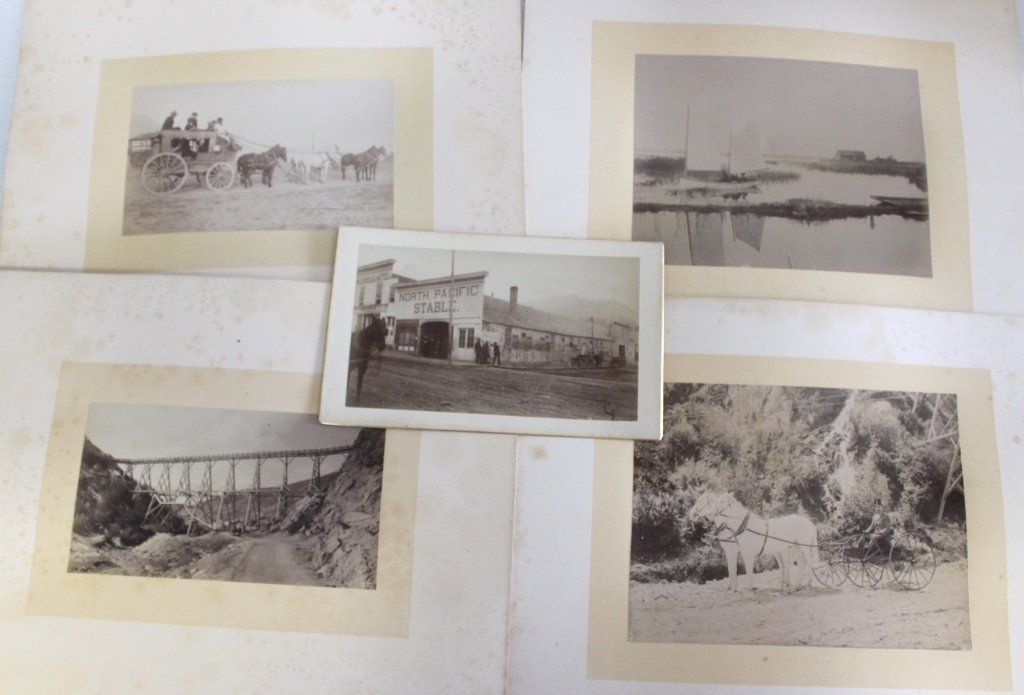 FIVE LATE 19TH C MOUNTED PHOTOS, POSSIBLY MONTANA,: ONE SHOWING MAIN STREET, HELENA, E (EMIL) D. KELLER PHOTOGRAPHER; ONE SHOWING EXPANSION BRIDGE; ONE SHOWING STAGE COACH; ONE SHOWING HORSE AND BUGGY AND ONE SHOWING FLOODED PRAIRIE; FOXING; SIGHT SIZE