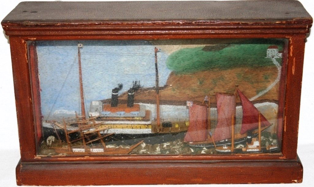 LATE 19TH C ENGLISH SHADOW BOX DIORAMA: SHOWING STEAM AND SAIL PASSENGER SHIP OFF COAST OF ENGLAND; ORIGINAL ALLIGATORED FINISH; 12" HIGH; 20 1/4" WIDE; 6" DEEP.