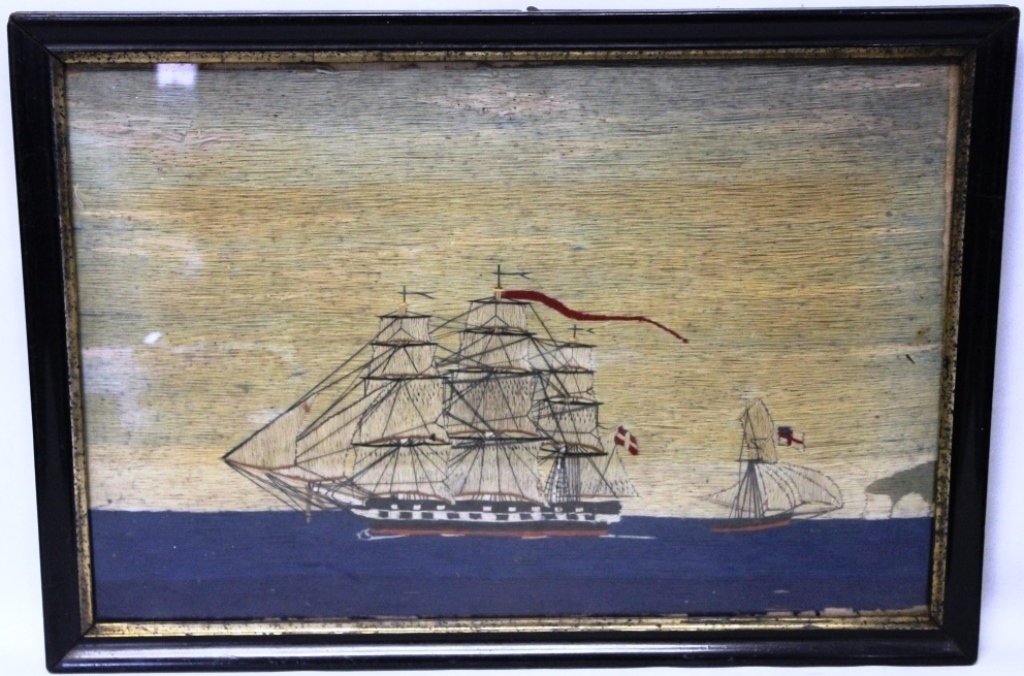 ENGLISH NAUTICAL WOOL WORK PICTURE: DEPICTING THREE-MASTED DANISH AND BRITISH SHIP AND SLOOP OFF DOVER; SIGHT SIZE 12 " X 19".