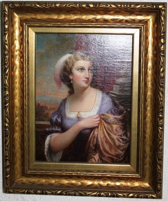 OIL ON CANVAS OF WOMAN IN SATIN DRESS WITH LACE: COLLAR BY CEPHAS GIOVANNI THOMPSON (1809 - 1888); 10 3/4" X 8"; CLEANED AND RELINED IN A CARVED AND GILDED FRAME.
