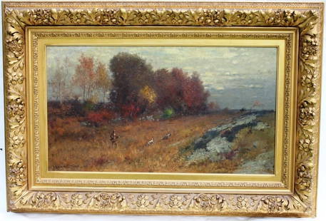 IMPORTANT FRAMED OIL ON CANVAS BY FAIRHAVEN: ARTIST R. SWAIN GIFFORD (1840 - 1905) TITLED NONQUIT LANDSCAPE DEPICTING A HUNTER WITH DOGS IN FALL LANDSCAPE; ORIGINAL CARVED AND GILDED FRAME FROM AN IMPORTANT FAIRHAVEN VILLAGE HOME THAT ONCE BELON