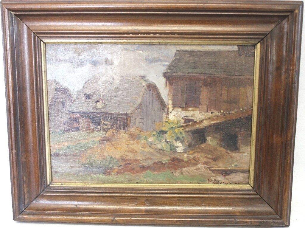 FRAMED OIL ON CANVAS SHOWING OLD HOUSE: AND BARN; SIGNED F. C. RENNER '09; FRANZ CARL RENNER (1886 - 1957). 7 1/2"-10 3/4"
