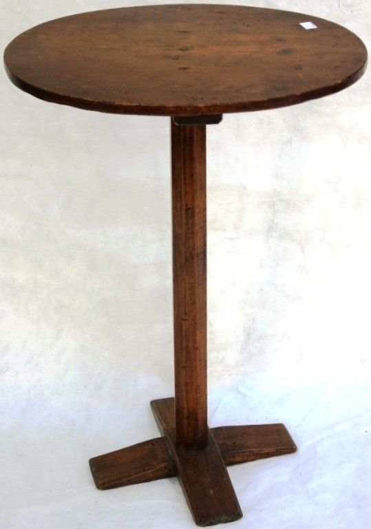 18TH C AMERICAN PINE CANDLE STAND, GOOD CONDITION,: OLD REFINISHED SURFACE; 26" HIGH; 17 3/4" WIDE; 13 1/4" DIAMETER.