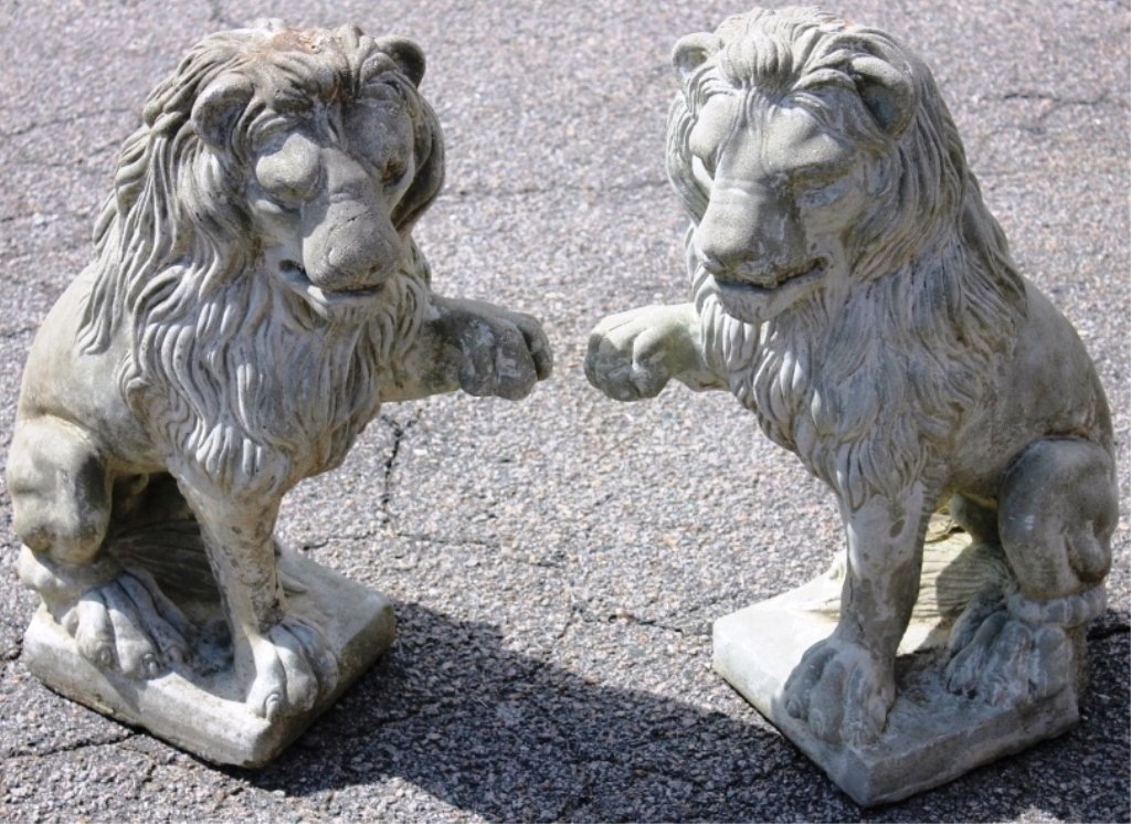 PAIR MID 20TH C CAST CEMENT LIONS FROM: ARNOLD SCHWARZENEGGER HOUSE IN HOLLYWOOD, CA; SOME DAMAGE; 2' HIGH.