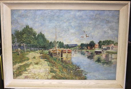 OIL PAINTING ON CANVAS, IN THE STYLE OF: "WILLIAM L. PICKNELL" (WILLIAM LAMB PICKNELL - 1853 - 1897); CANAL SCENE, SOME PAINT LOSS AND CRAQUELURE IN SKY, 22" X 33"; SHOWS MUSEUM COPY LABEL ON BACK.