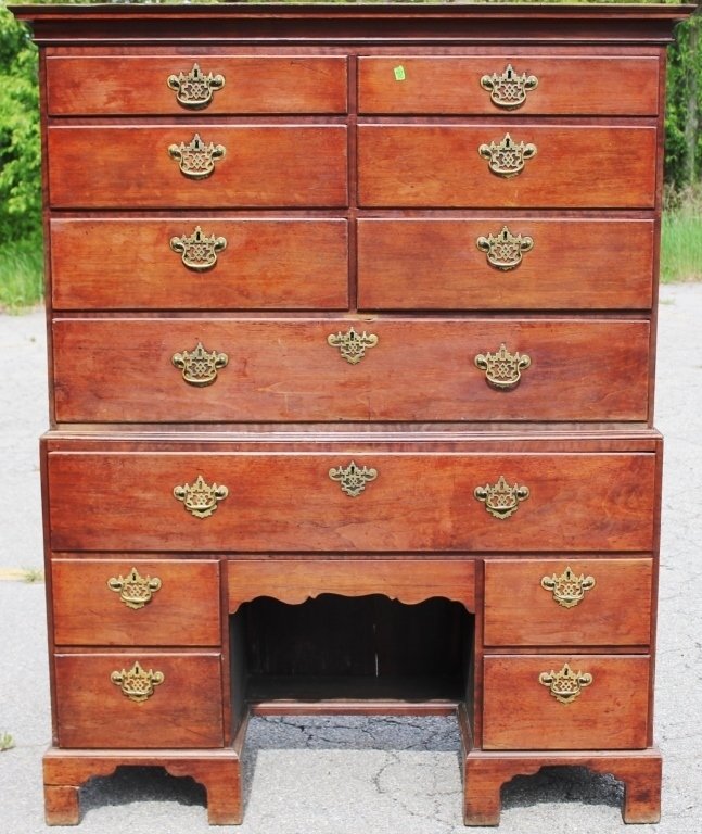 LATE 18TH C GEORGE III TWO PART BUTLER'S PRESS;: MOLDED TOP; BRACKET BASE; THIRTEEN DRAWERS; MINOR IMPERFECTIONS; OLD FINISH; ORIGINAL BRASSES; 73 1/2" HIGH; 58" WIDE; 20 1/2" DEEP.