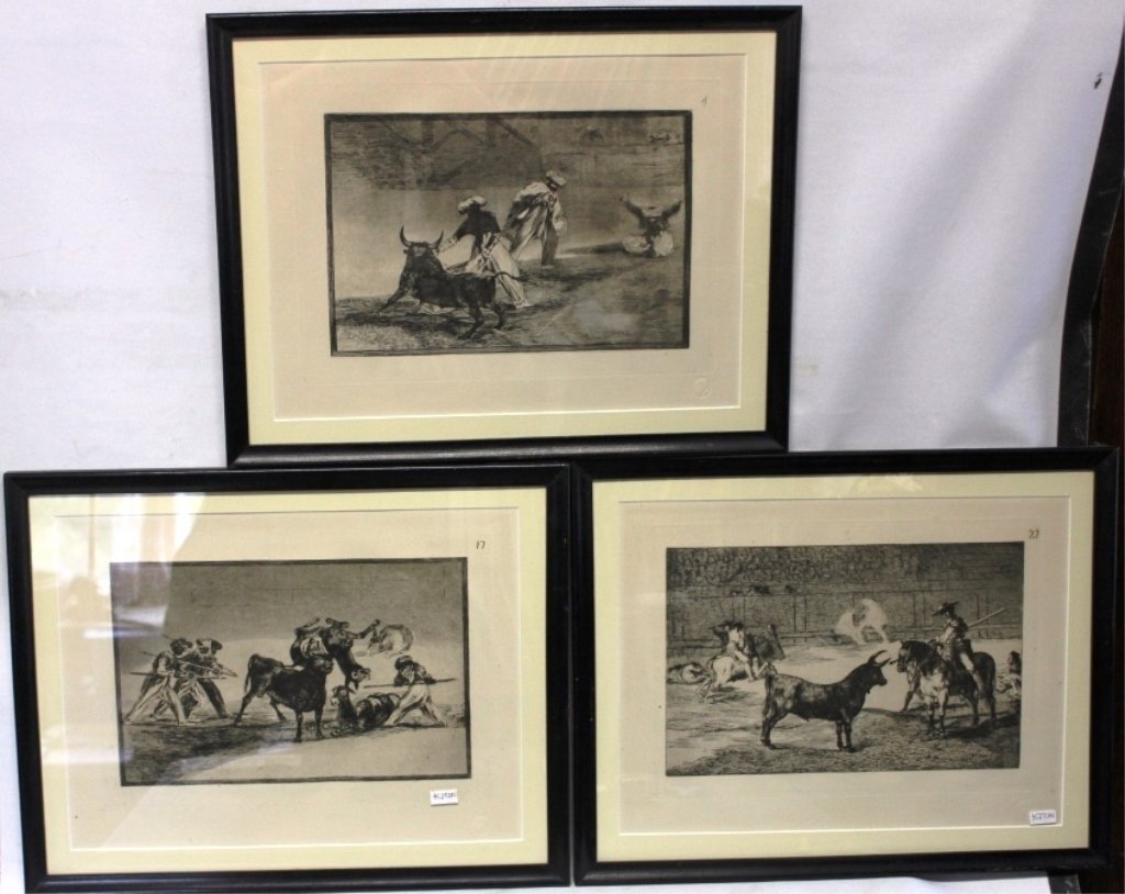 SET OF THREE ETCHINGS BY GOYA: (FRANCISCO JOSE DE GOYA Y LUCIENTES SPANISH 1746 - 1828) ISSUED BY CIRCULO DE BELLAS ARTES QUINTA 1921; SIXTA 1922; SEPTIMA 1928 - 1929 EMBOSSED HEAD OF GOYA ; GRABADOS BULLFIGHTING SCENES.