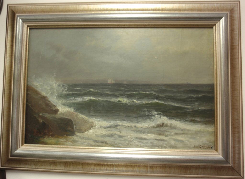 FRAMED OIL PAINTING ON CANVAS, SEASCAPE WITH: SAILBOATS, PROBABLY BUZZARDS BAY, SIGNED LOWER RIGHT L. D. ELDRED (FAIRHAVEN ARTIST LEMUEL D. ELDRED, 1848-1921), 11 1/4" X 17 3/4". THIS PAINTING HAS BEEN CLEANED AND RELINED, IN MODERN SILVER GILT F