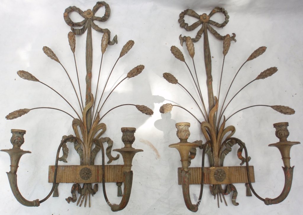 PAIR OF LATE 19TH C CARVED AND PAINTED SCONCES,: SOME PAINT LOSS AND MISSING ELEMENTS, 31" H, 19" W, 11" D