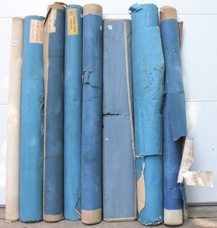 LOT OF EIGHT NAUTICAL CHARTS, 19TH C INCLUDING: 1) NORTH SEA, TORN EDGES AND STAINING; 2) NORTH PACIFIC, BADLY TORN WITH LOSSES; 3) FRANCE, SPAIN AND PORTUGAL MINOR TEARS WITH STAINING; 4) SOUTH PACIFIC OCEAN, STAINING; 5) NORWAY, BADLY TORN; 6) SO