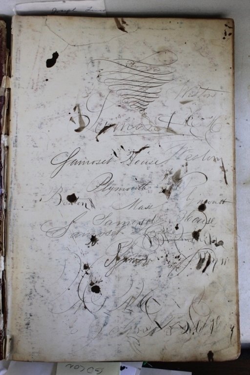 LARGE BOUND LEDGER FROM THE SAMOSET HOUSE: PLYMOUTH, MA 1869 INCLUDING ENTRIES BY FAMOUS GUESTS SUCH AS AUTHOR JOSEPH LINCOLN, J. H. MAKEPEASE, JAMES RICKETSON OF NEW BEDFORD. SOME TORN AND STAINED PAGES; OVERALL FAIR TO GOOD CONDITION WITH NI
