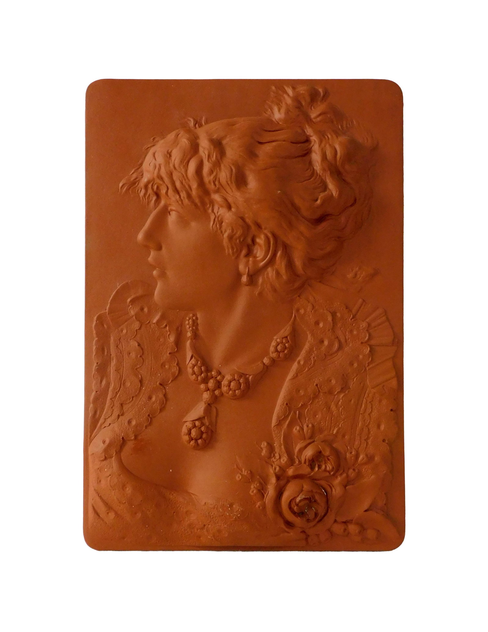 Terra Cotta Plaque, Possibly Sarah Bernhardt: Late 19th C. Attributed to Northwestern Terra Cotta Works / True Brunkhorst & Co. Chicago, Illinois. 23" high x 15" wide x 3/4" deep. Good condition. IMPORTANT- Please note: all items are sold as is,