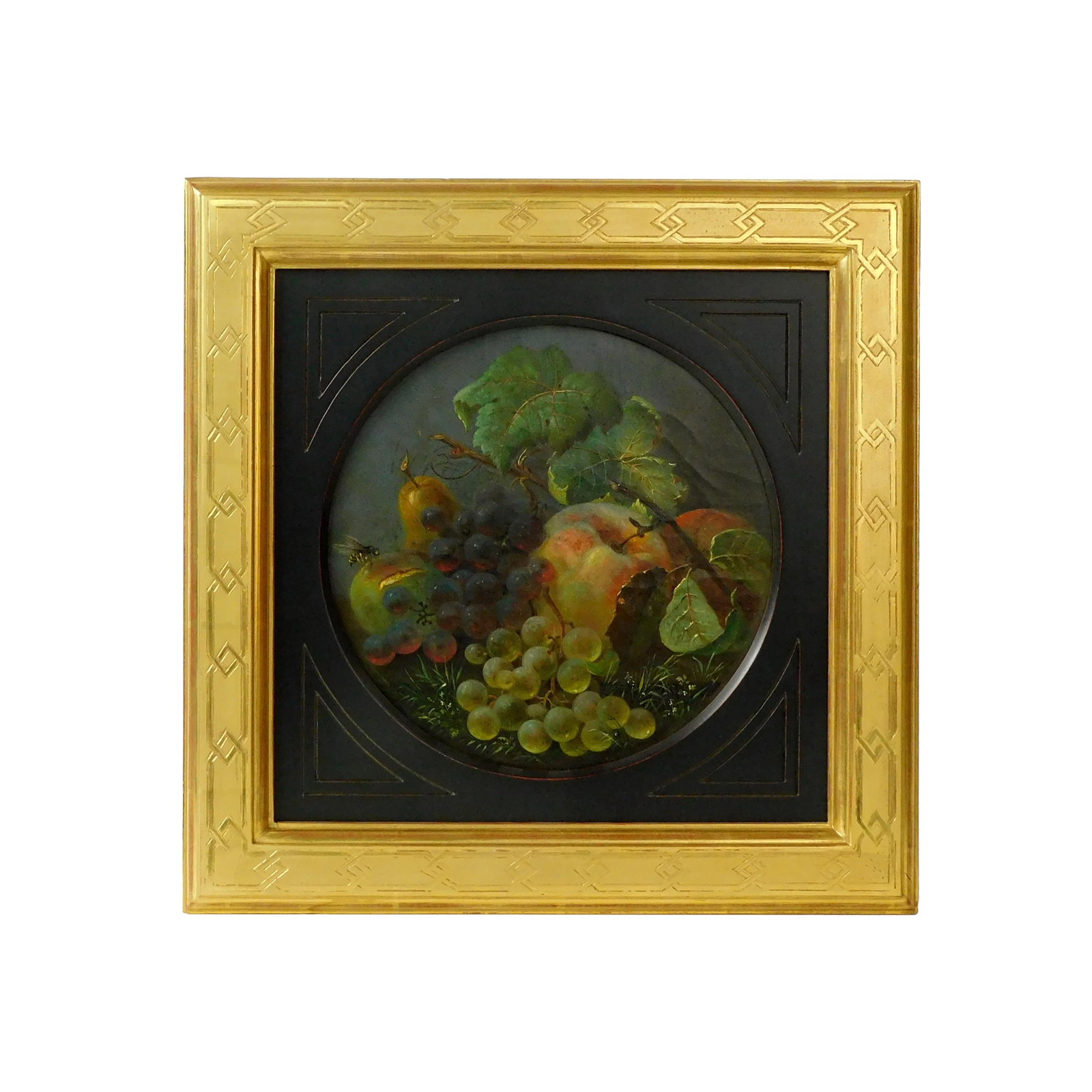 Still Life with Fruit and Bee: Late 19th C. Oil on canvas. Unsigned. Sight size: 9" high x 8 1/2" wide. In a period gilded roundel frame measuring: 14 1/2" square. Good condition. UV light examination shows no inpainting.