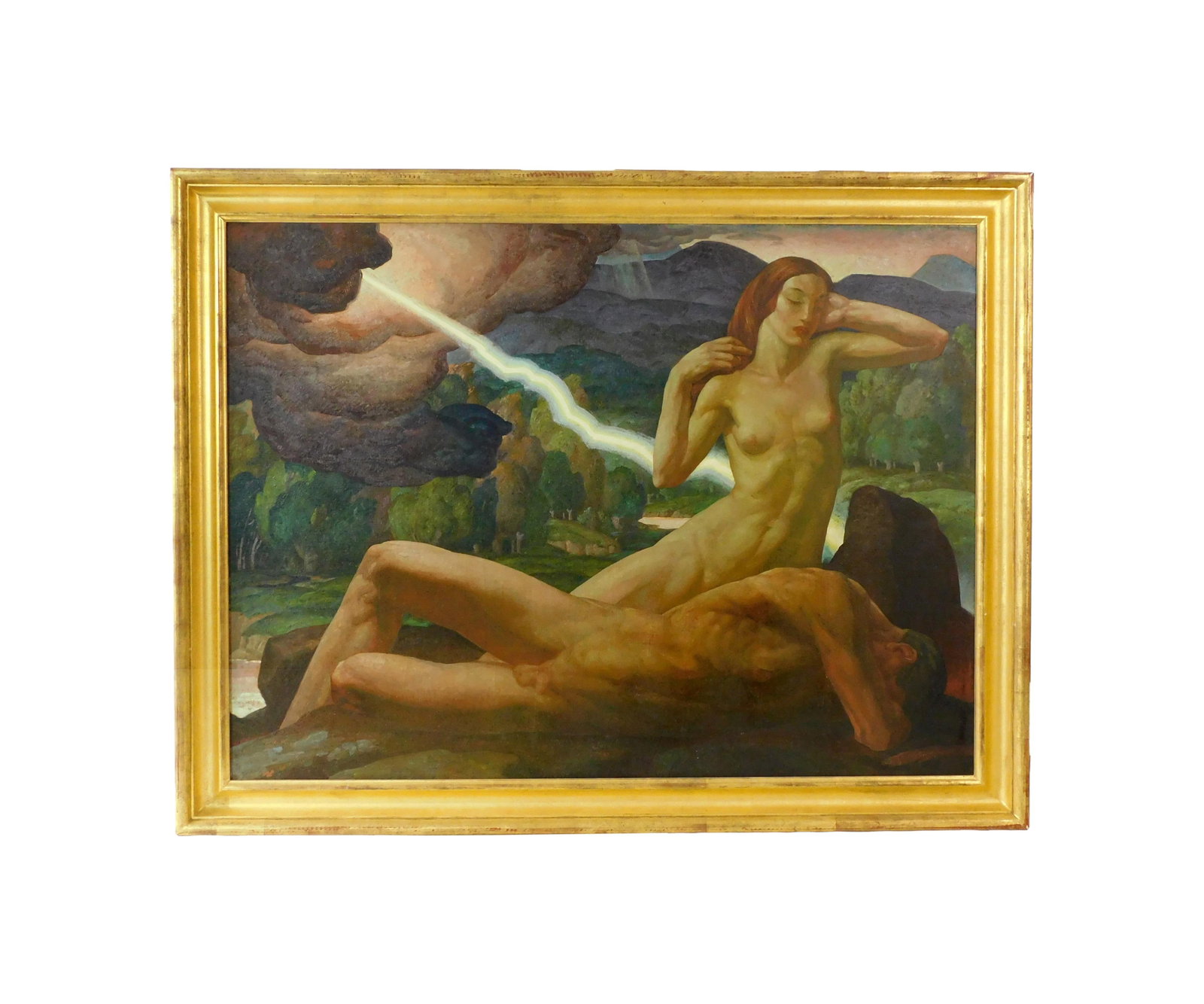 Henrik Martin Mayer Painting: (American/Connecticut/Indiana/New Hampshire/New York, 1908-1972). Oil on canvas. Modernist mural style. Landscape with male and female nude figures. Signed lower right. Sight size: 39 1/2" high x 54"